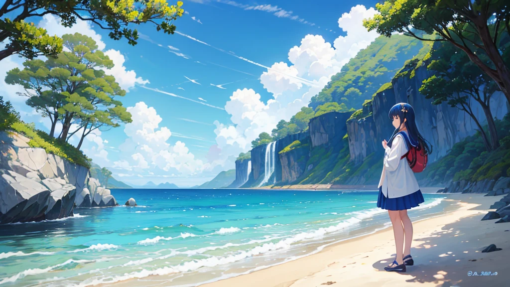 In the beautiful scenery of blue sky and sea、白いドレスを着たgirlが立っている。She stands quietly on the beach、I'While stroking my hair, Blowing in the Wind。girl'The expression is calm.、Smile。Her white dress gives a neat and elegant impression..、It depicts fluttering in the wind。The blue sky is beautiful、The ocean waves are rolling quietly、In the distance, I can see the horizon。The background is the coast and sandy beach、Seabirds and shells are sometimes depicted..、Expressing the calm atmosphere of the sea。girl and the background are in harmony、Create illustrations that evoke a sense of quiet happiness.。