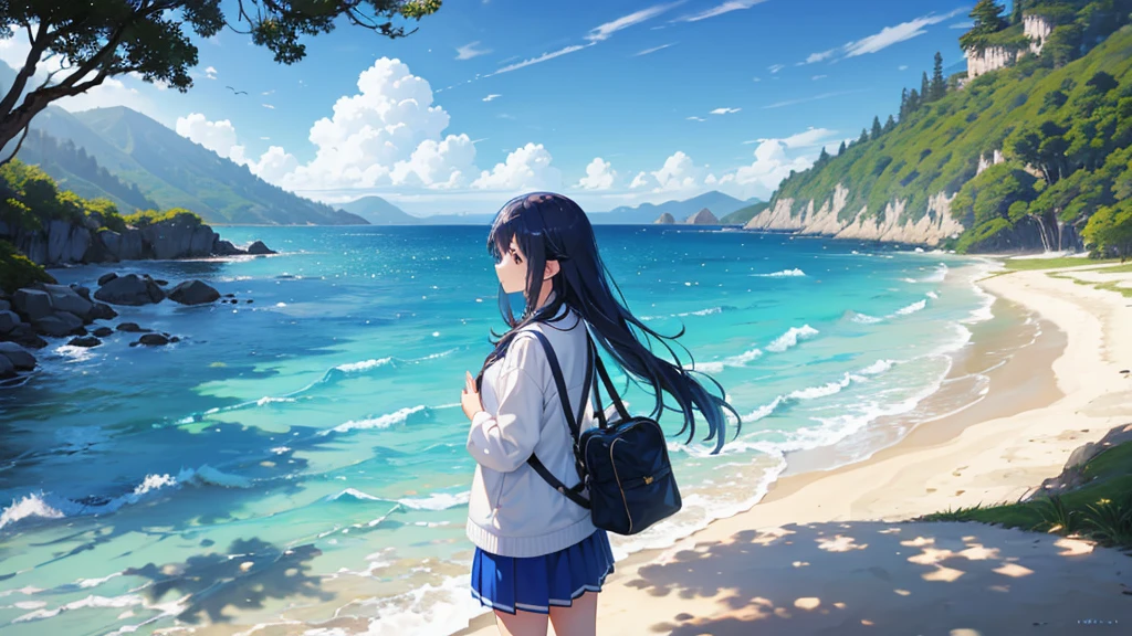 In the beautiful scenery of blue sky and sea、白いドレスを着たgirlが立っている。She stands quietly on the beach、I'While stroking my hair, Blowing in the Wind。girl'The expression is calm.、Smile。Her white dress gives a neat and elegant impression..、It depicts fluttering in the wind。The blue sky is beautiful、The ocean waves are rolling quietly、In the distance, I can see the horizon。The background is the coast and sandy beach、Seabirds and shells are sometimes depicted..、Expressing the calm atmosphere of the sea。girl and the background are in harmony、Create illustrations that evoke a sense of quiet happiness.。