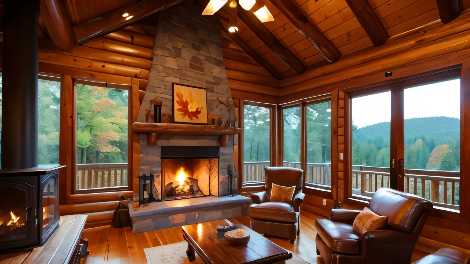 High-ceilinged log house、Large windows、Autumn leaves tree々、Fireplace fire、Wooden chair、