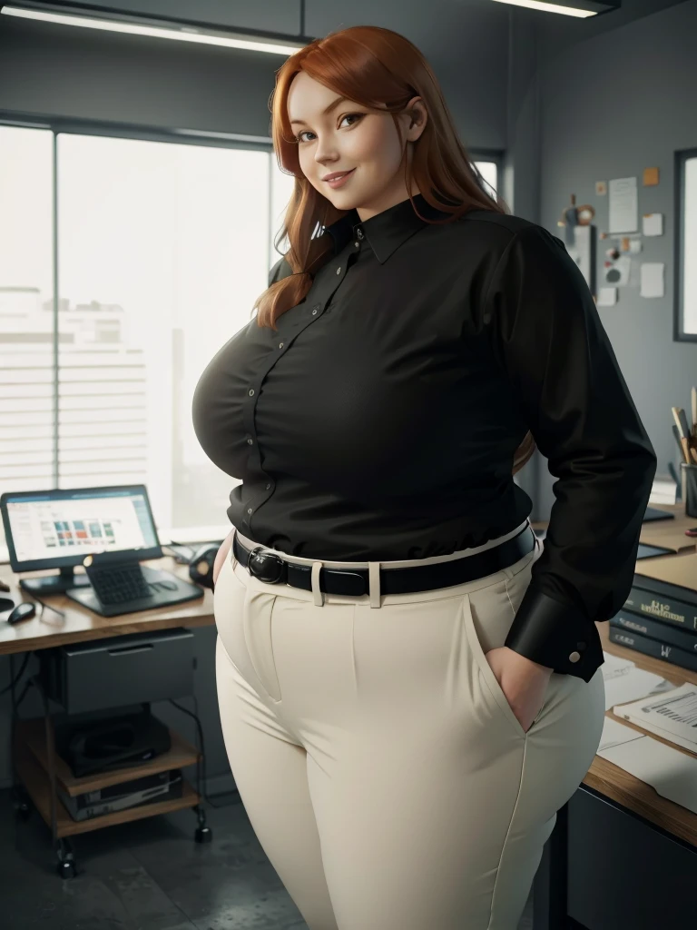 An happy and excited photo of a Beautiful ginger architect BBW, with long wavy light Brownish-ginger hair, with big soft fat belly, thicc fat arms, thicc wide legs, big breast, in black pants, long black shirt tucked in her pants, black belt and black blouse in her new modern architect office with a lot of building models and house blueprints