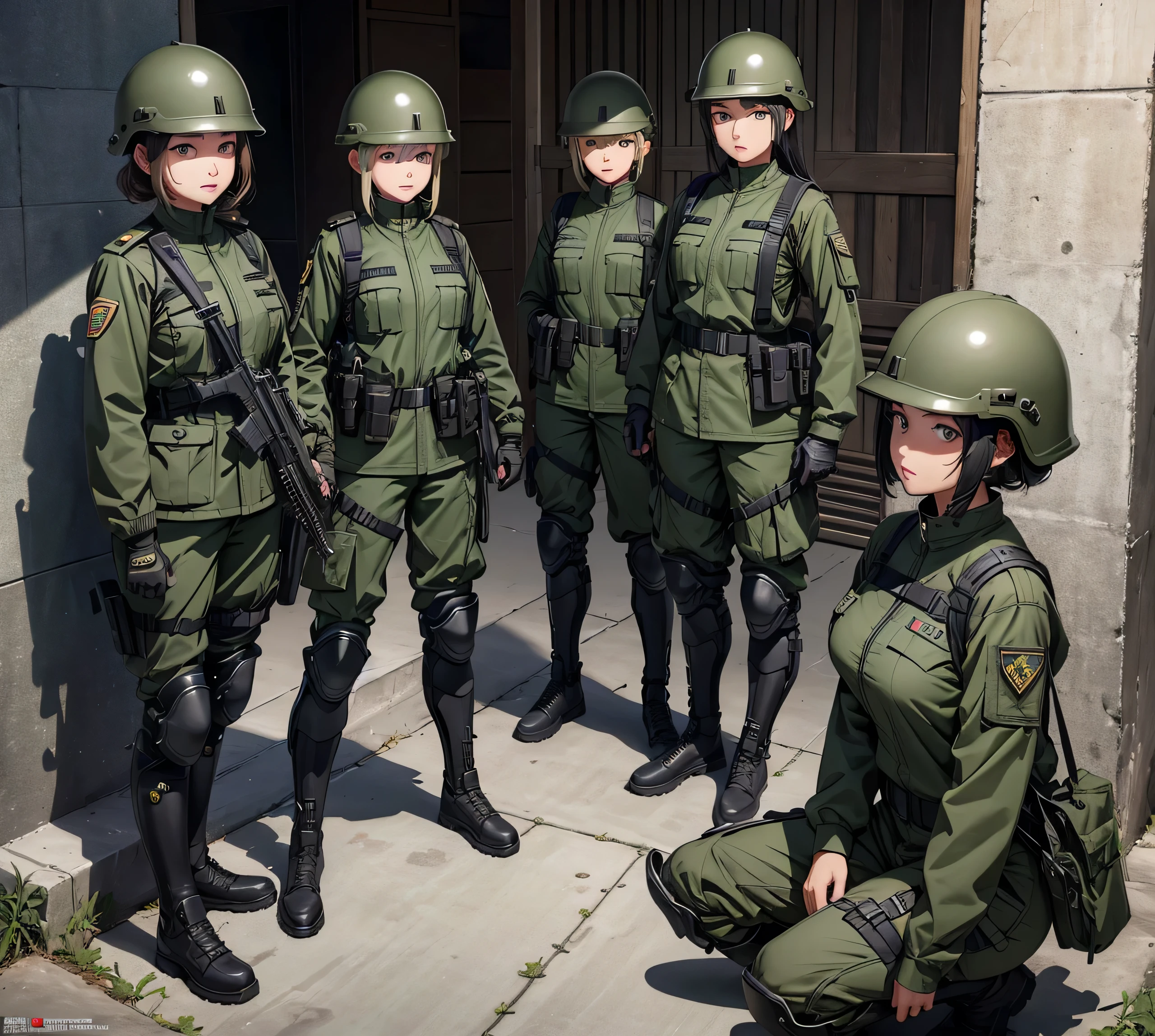 A group of female guards wearing helmets,Wear dark green zipper military uniform,Armed guard,Magazine Pouch、Tactical shoulder strap、Knee pads,Base walls,Write details、masterpiece、best quality、Highly detailed CG、8K picture quality