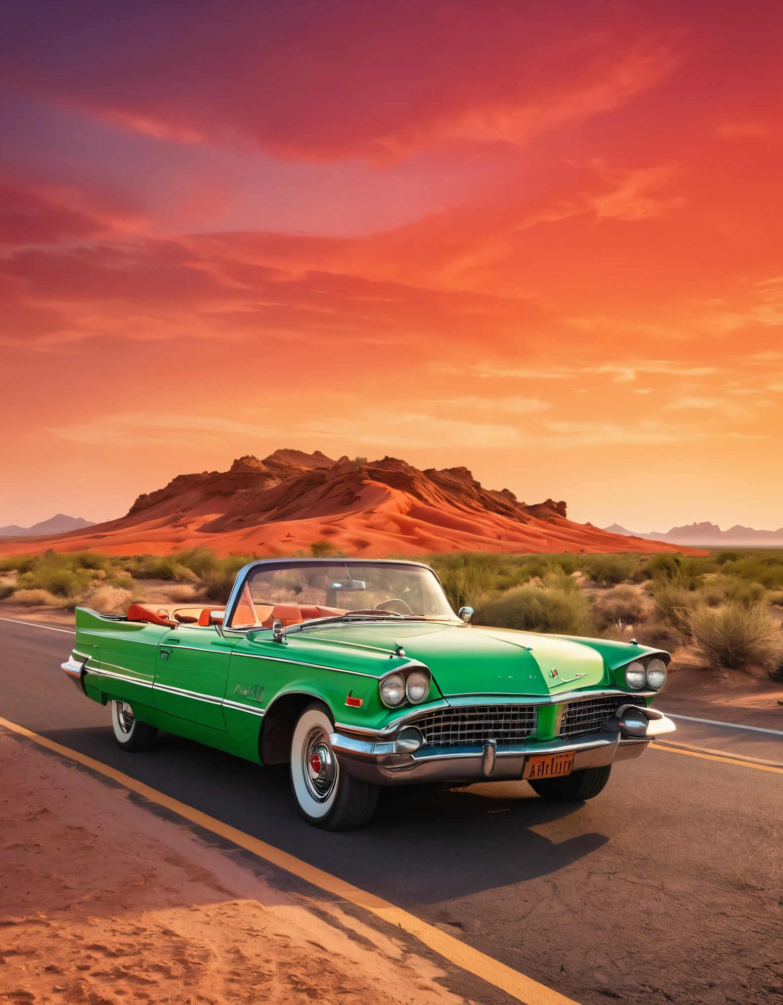 In the desert,A road winding into the distance,Summer,very hot,Summer炎炎,Orange desert red sky,A green vintage convertible is parked in the middle of the road