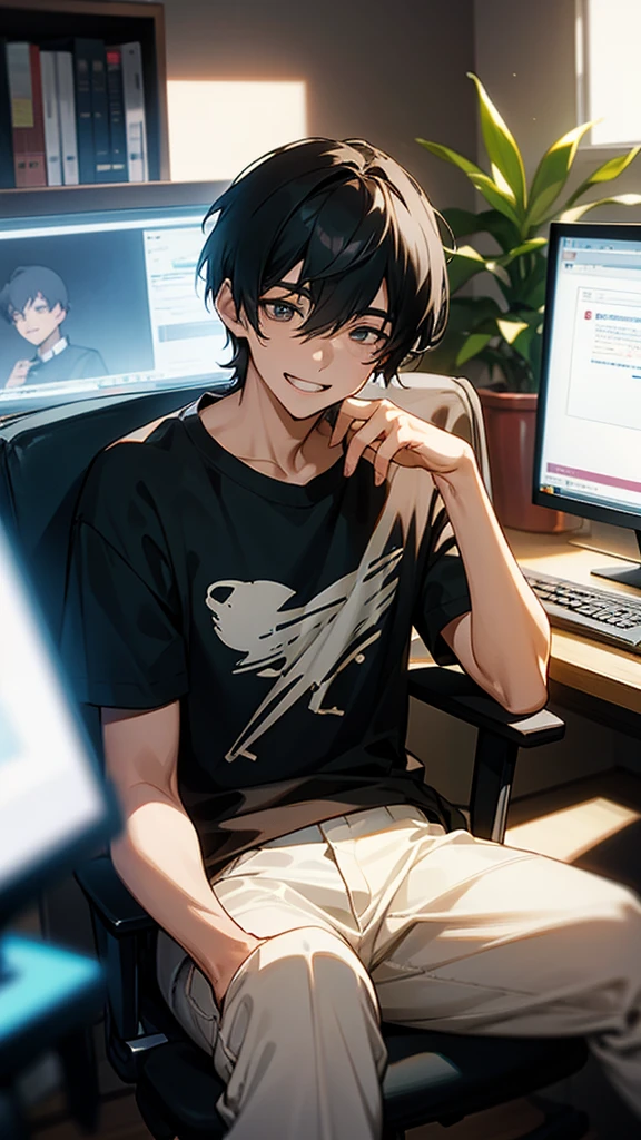 18 years older gentleman man wearing T-shirt blackhair smiling anime image sitting on computer chair