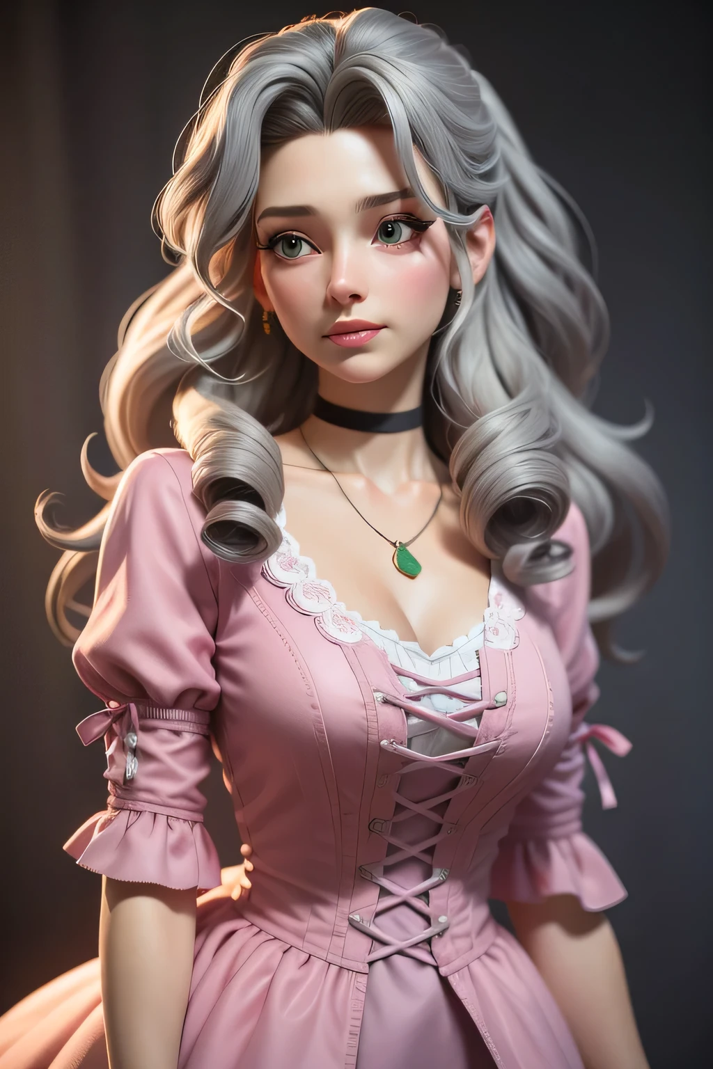 masterpiece, best quality,3d rending work ,3DMM style,close-up,portrait, 3D,1girl, solo, grey hair, string necklace, looking to the side, realistic, upper body, simple background, bangs, looking away, long grey hair, parted lips, choker, makeup, long grey curly hair, green eyes, pink dress, cleavage, aerith gainsborough, aerith