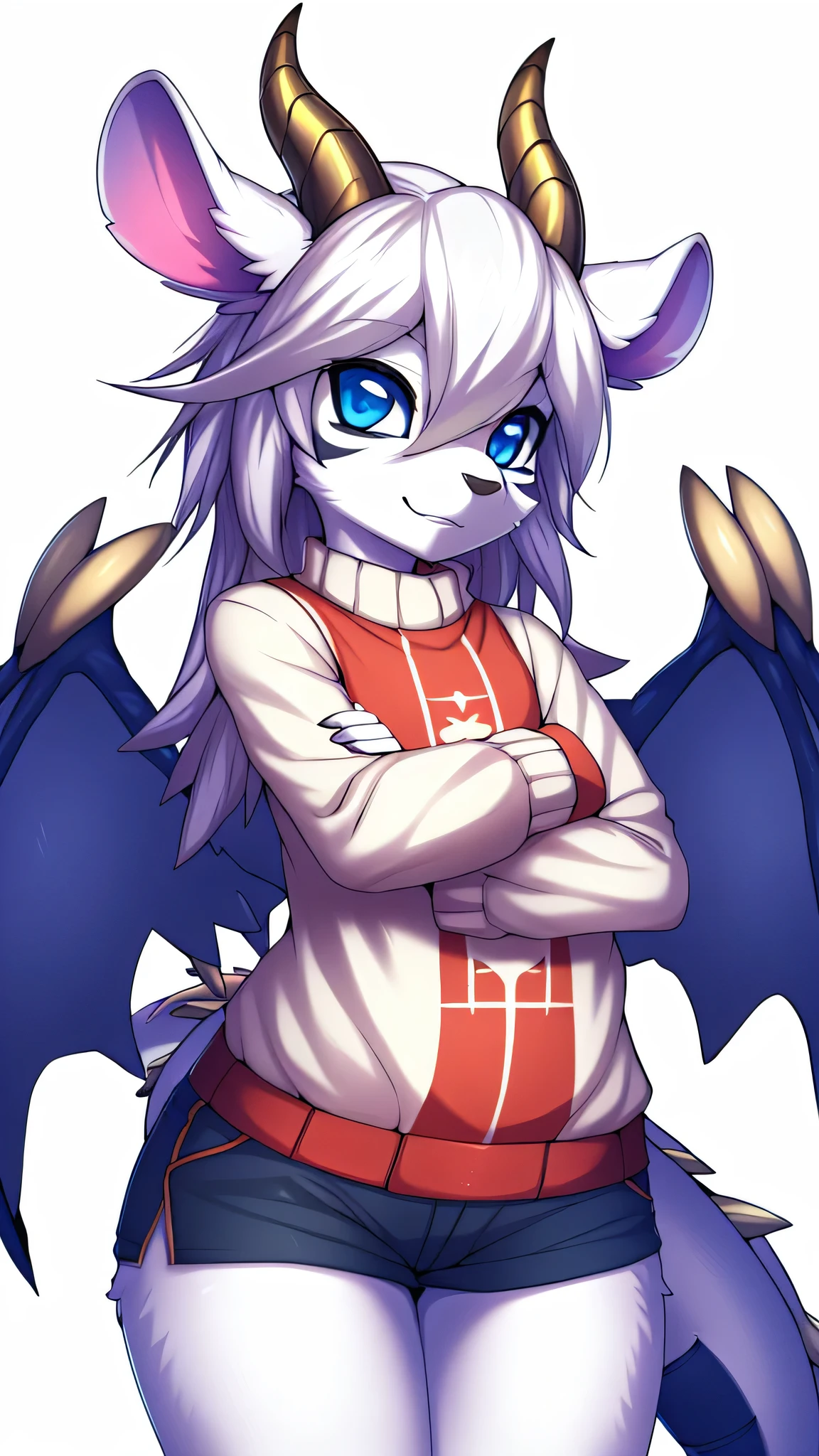 By zinfyu on pixiv,by twistedscarlet60, uploaded on pixiv, by fluff-kevlar, (masterpiece), (best quality), (anthro dragon:1.3, snout:1.2, anthro:1.3, dragon:1.2, solo female:1.2),BREAK,yugioh, dragonling, Bster whelp, golden horn, white hair, blue eyes, wing, white body skin, white fur,feminime_flatchested,wearing white sweater, view on viewer, close view, white background