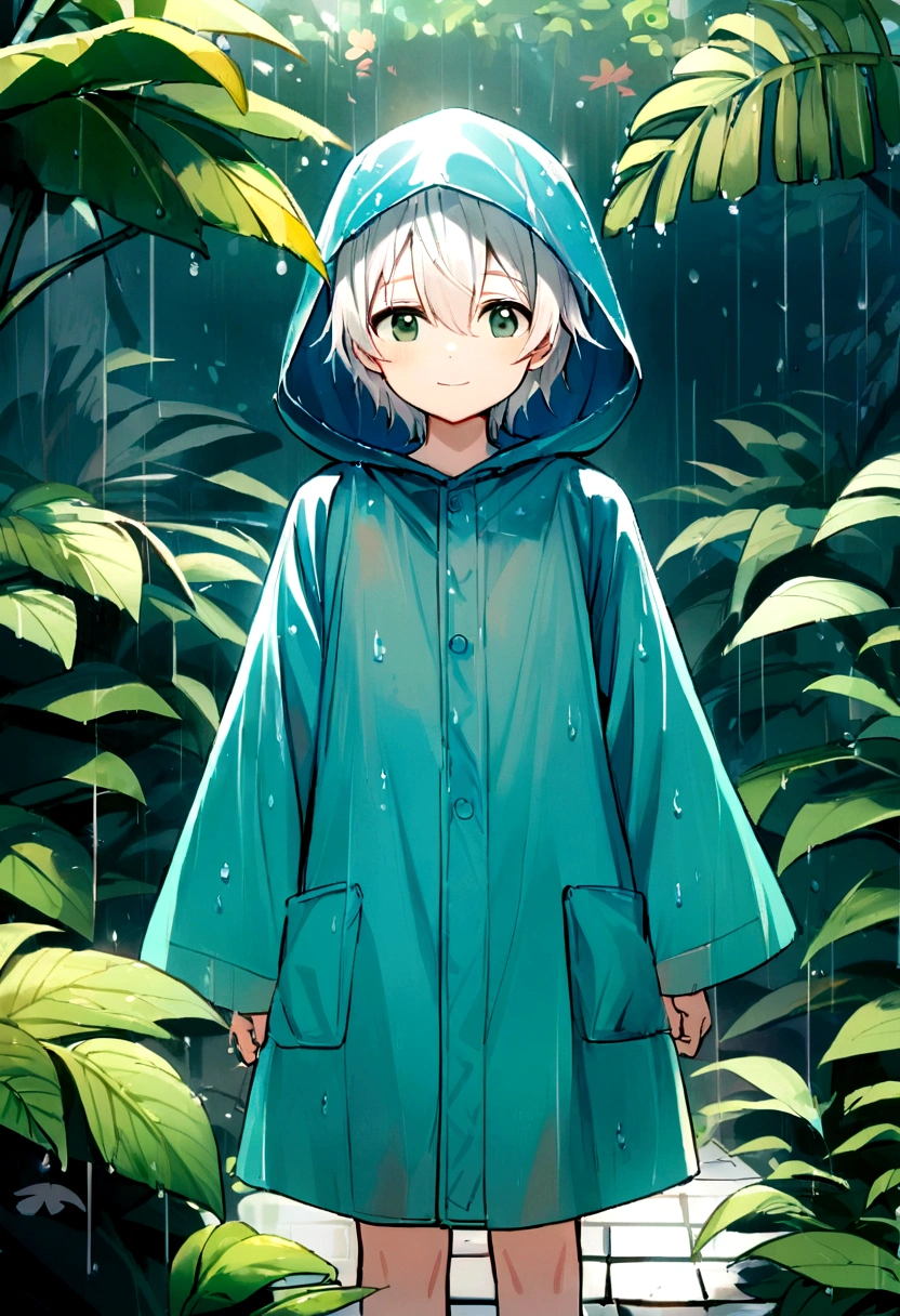 1 boy, white hair, Cute face, summer rainy season raining, wearing a raincoat, back