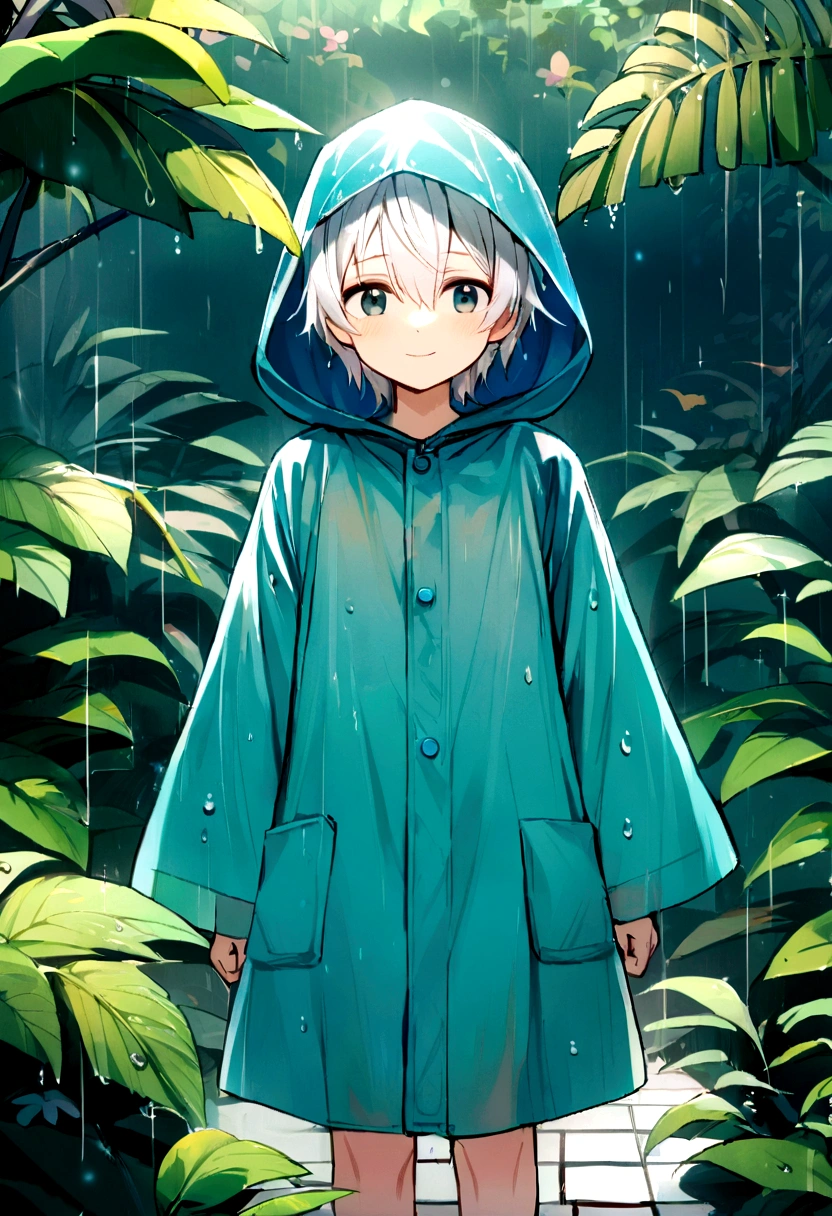 1 boy, white hair, Cute face, summer rainy season raining, wearing a raincoat, back