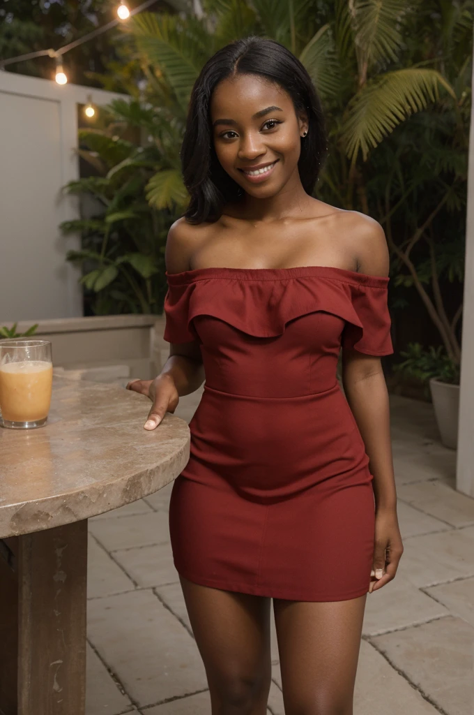 Caila, solo, realistic, black girl, ((25-year-old girl)), ((mature)), african american young woman, young black woman, dark-skinned, upper body only, ((patio )), taking a selfie, smiling, wearing off shoulder red dress