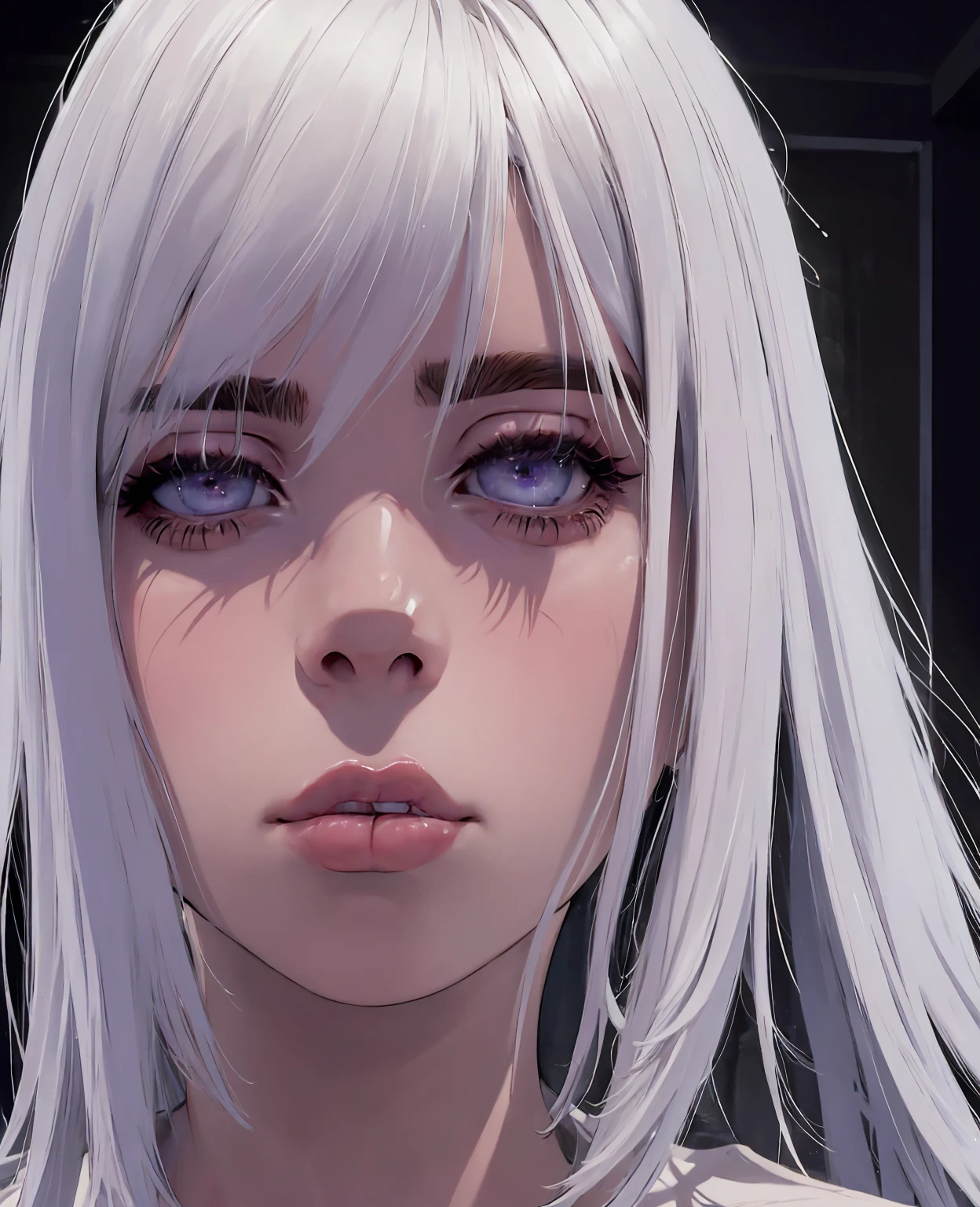 billie eilish, girl, white hair, beautiful detailed eyes, beautiful detailed lips, extremely detailed face, long eyelashes, sensual, seductive, elegant, mysterious, moody lighting, dramatic lighting, dark fantasy, dark romantic, muted colors, cool tones