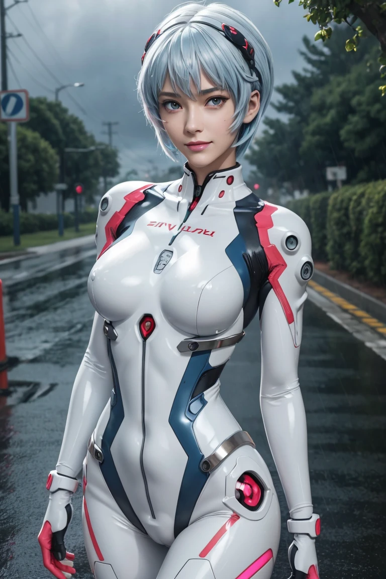 Evangelion,Rei Ayanami,Silver Blue Hair,Red Eyes,Plug Suit,Bodysuits,Interface Headset,白いBodysuits,Ultra HD,super high quality,masterpiece,Digital SLR,Photorealistic,Detailed details,Vivid details,Depicted in detail,A detailed face,Detailed details,Super Detail,Realistic skin texture,Anatomical basis,Perfect Anatomy,Anatomically correct hand,Anatomically correct fingers,Complex 3D rendering,Sexy pose,Rainy Sky,Beautiful scenery,Fantastic rainy sky,Picturesque,Pink Lips,smile,