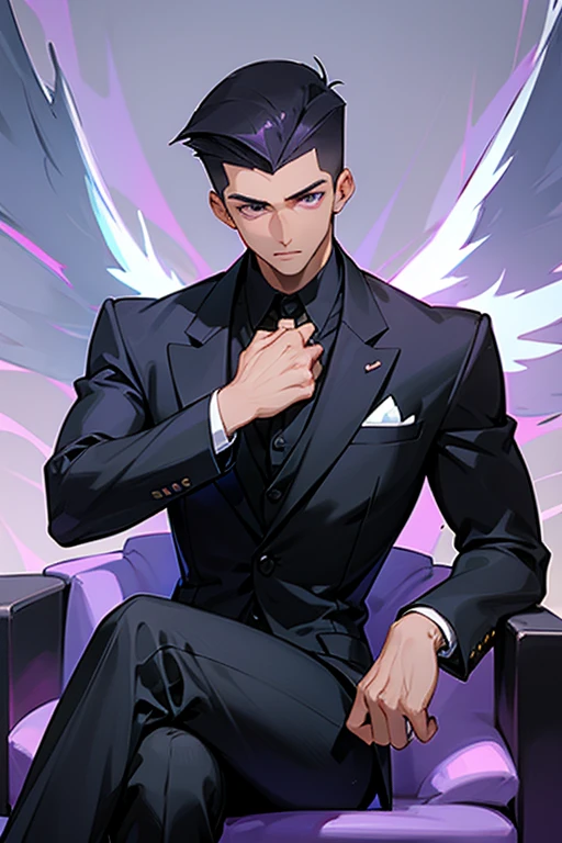Handsome, boy, clean-cut, cool, side cut, short black hair, black suit, purple eyes, angel wings, front, crossed legs, tall, muscular