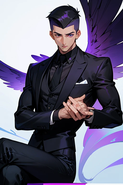 Handsome, boy, clean-cut, cool, side cut, short black hair, black suit, purple eyes, angel wings, front, crossed legs, tall, muscular 