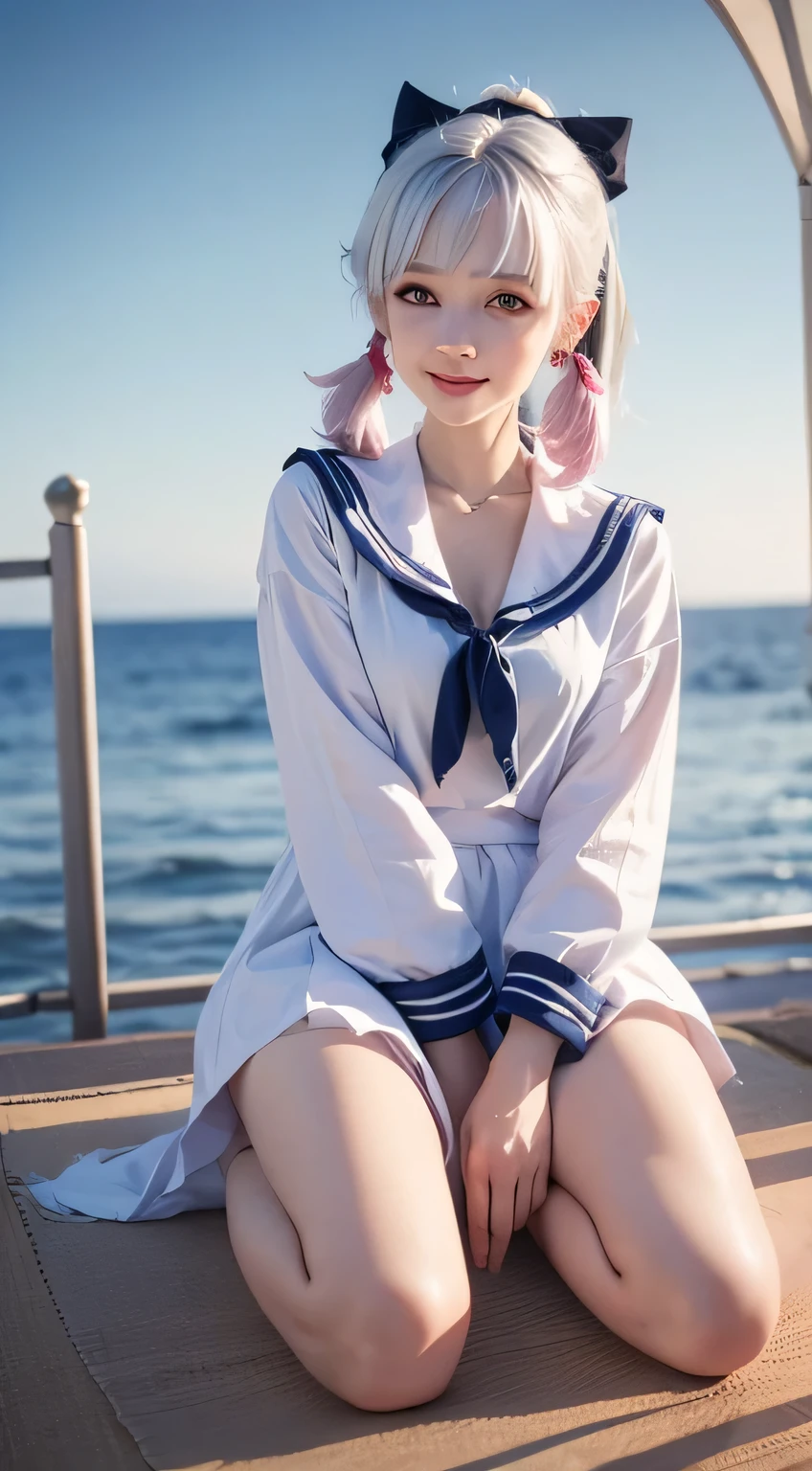 Best quality at best,tmasterpiece,Extremely Delicately Beautiful,The content is very detailed,CG,gatherings,8k wallpaper,An Astonishing,depth of fields,1 Chinese girl,very beautiful look,delicate skin,Flawless Face,plain face,white color hair,Long white hair,high ponytails,There are two strands of white hair on both sides of the ears,Wear pink hair accessories,Eye color is sky blue,Elaborate Eyes,Eyes sparkle,grin face, Put on a sailor suit、medium 、Have by the sea、(On the beach)、 light, realistically, tmasterpiece, Best quality, Complex CG, The face is very detailed, high detail eyeull bodyesbian locked,Full body lesbian
