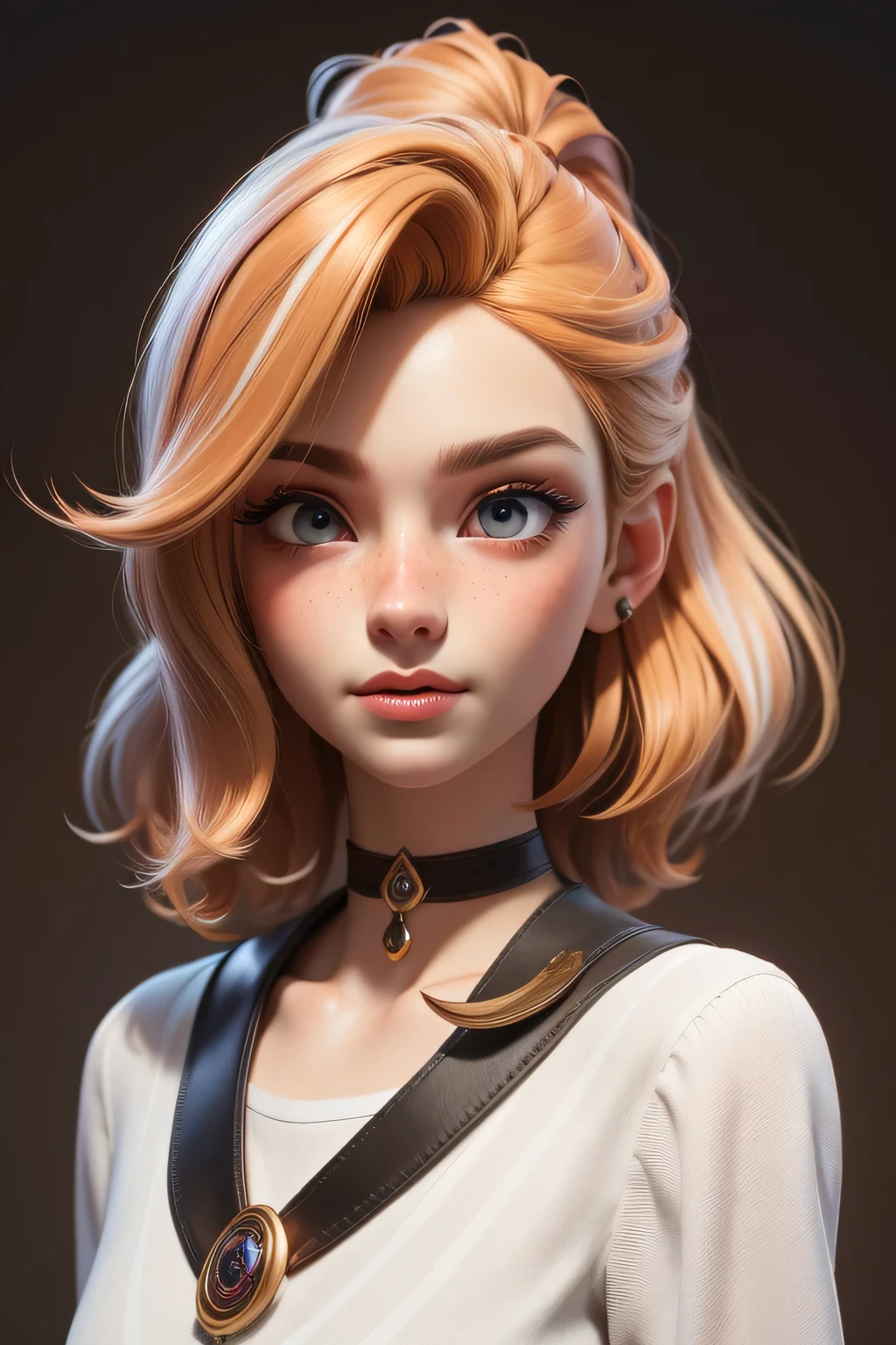 Masterpiece artwork, best qualityer, 3d rendering work, 3DMM style, close-up, portraite, 3d, 1girl, solo, multicolored hair, chestnut hair, hair blonde, necklase, freckles, jewelly, two tone hair, looking at side, realisitic, upperbody, simple white background, bangss, looking off into distance, shorth hair, separated-lips, eyes browns,Gothic, choker, make-up, white shirt,