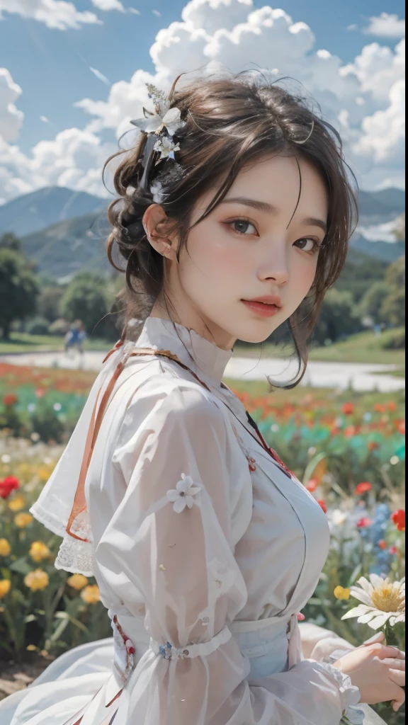 1 Girl, Dynamic Angle, Clouds and mountains, (Flower Field:1.4) In the foreground, White Dress, Ray Tracing, (Floating colorful wind:1) (Reality:1.4), Official Art, Unity 8K wallpaper, Extremely detailed, beautiful and aesthetic, masterpiece,best quality, Radiant Skin, light, A faint smile
 