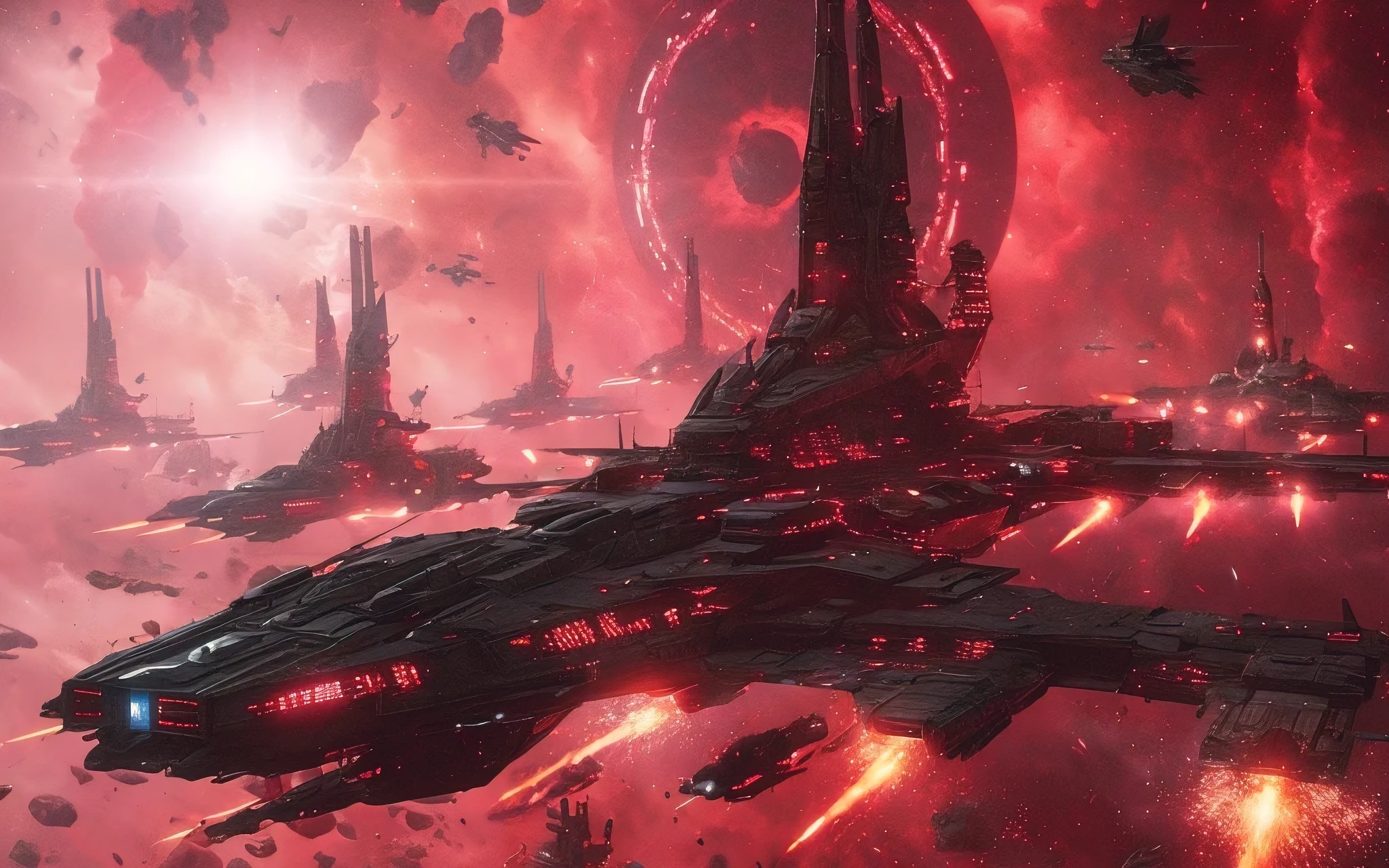 space opera, intergalactic war, two ancient clans in the midst of intense battle near a star system, motherships, space battleships, space jet fighters, explosions, rockets, lasers, absolute chaos, volumetric lighting, octane render, epic, cinematic
