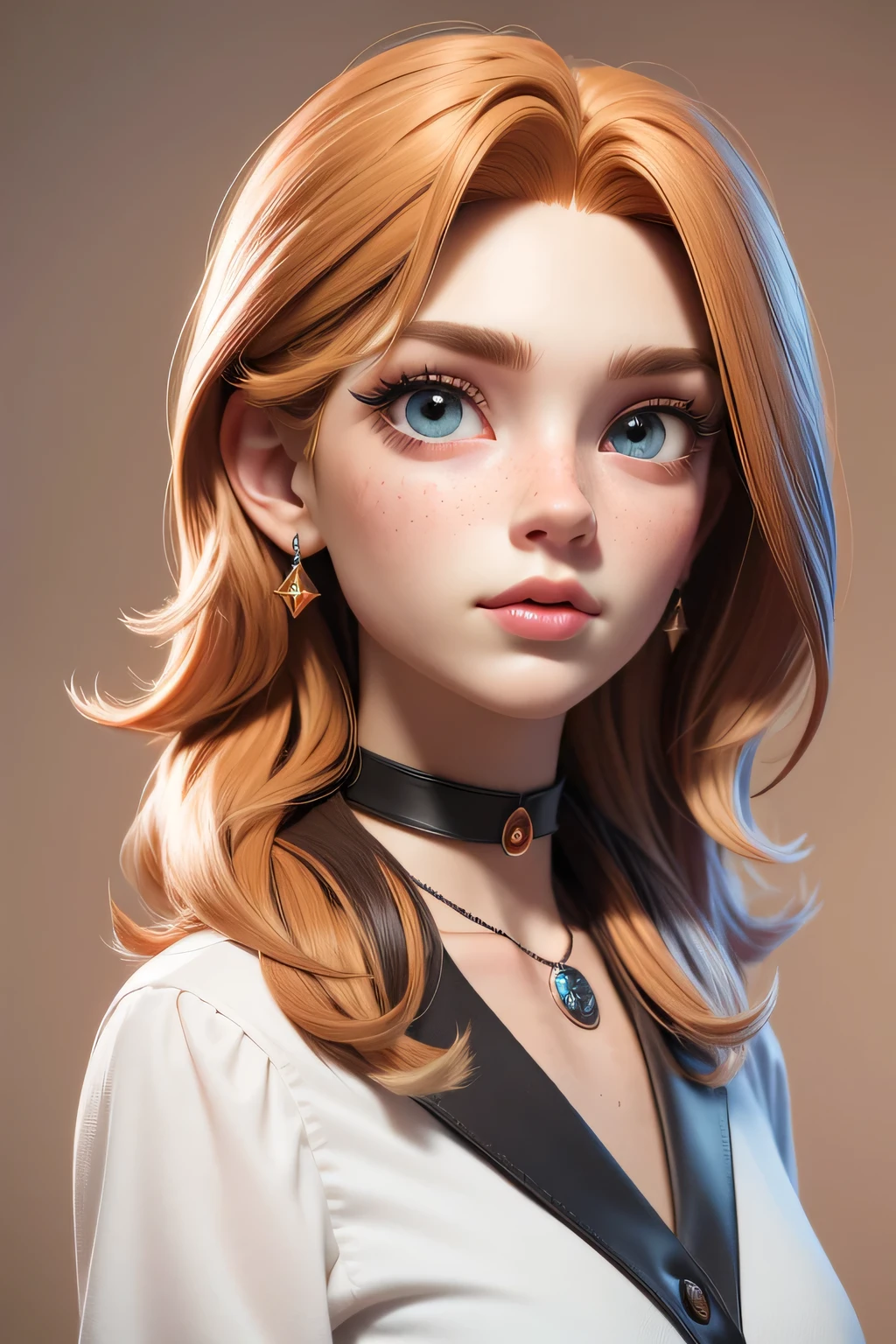 Masterpiece artwork, best qualityer, 3d rendering work, 3DMM style, close-up, portraite, 3d, 1girl, solo, multicolored hair, chestnut hair, hair blonde, necklase, freckles, jewelly, two tone hair, looking at side, realisitic, upperbody, simple white background, bangss, looking off into distance, shorth hair, separated-lips, eyes browns,Gothic, choker, make-up, white shirt,