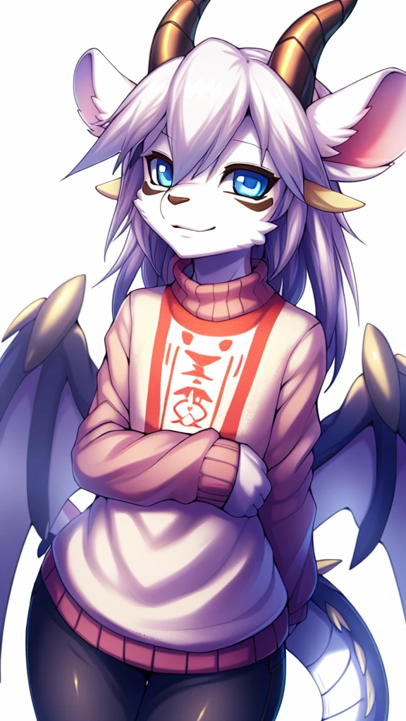 By zinfyu on pixiv,by twistedscarlet60, uploaded on pixiv, by fluff-kevlar, (masterpiece), (best quality), (anthro dragon:1.3, snout:1.2, anthro:1.3, dragon:1.2, solo female:1.2),BREAK,yugioh, dragonling, Bster whelp, golden horn, white hair, blue eyes, wing, white body skin, white fur,feminime_flatchested,wearing white sweater, view on viewer, close view, white background, cute