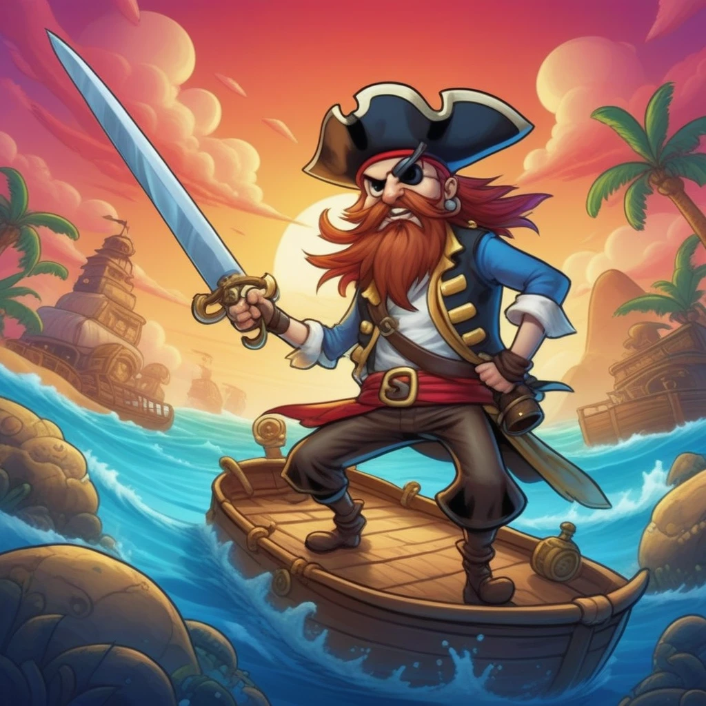 pirate crossed sword , mobile game art, banner, detailed game art, stylized game art, game illustration, splash screen art, full card design, wallpaper!, extended art, adtime style art, saturated colorful