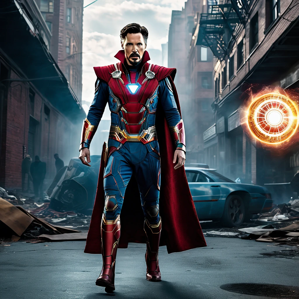 A full body doctor strange as iron Man in cyber suit cinematic 8k