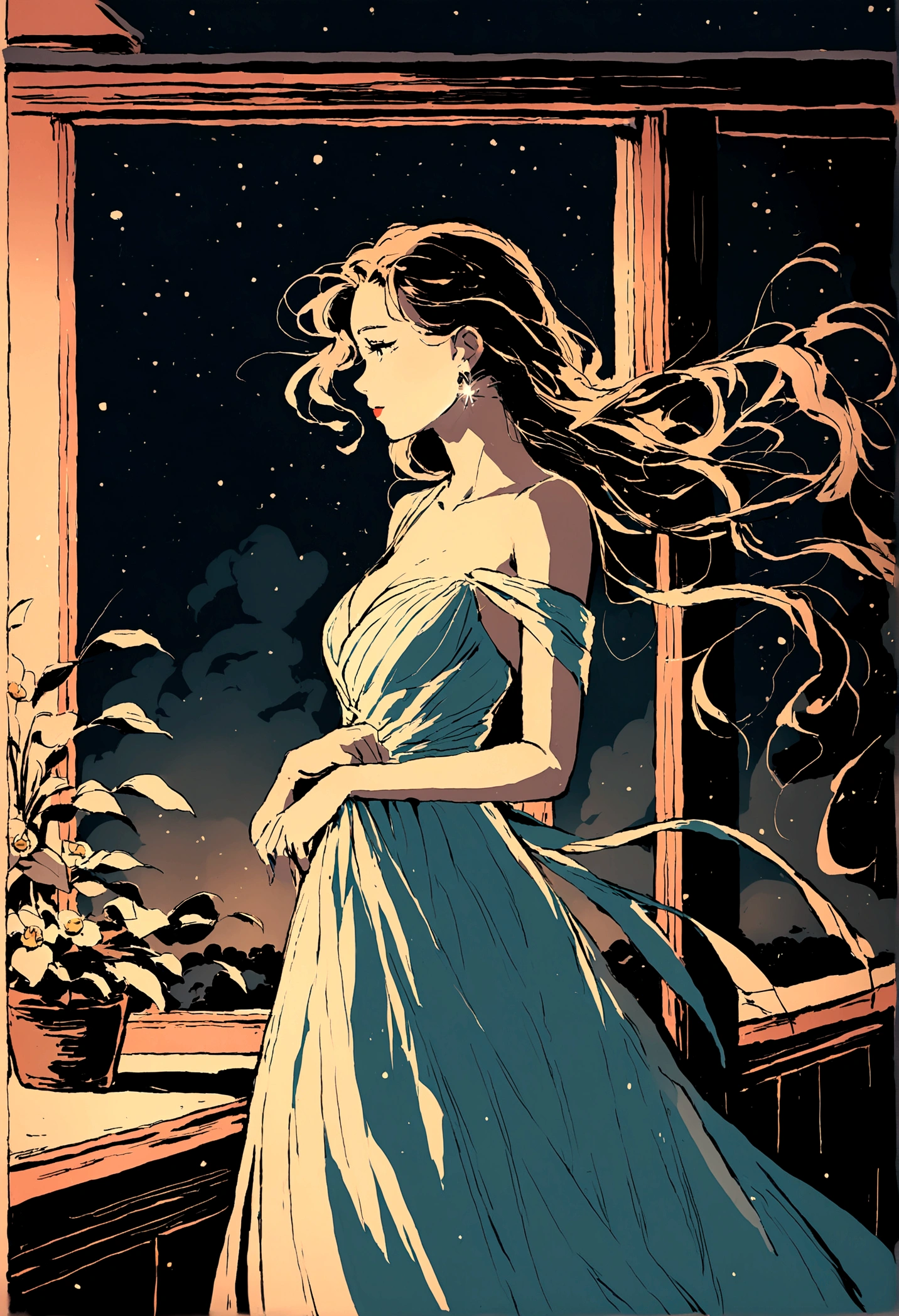 night,Street Lights,White Camellia,windowsill,Illustration style,Beautiful women,evening dress,A gentle breeze blows through the strands of hair