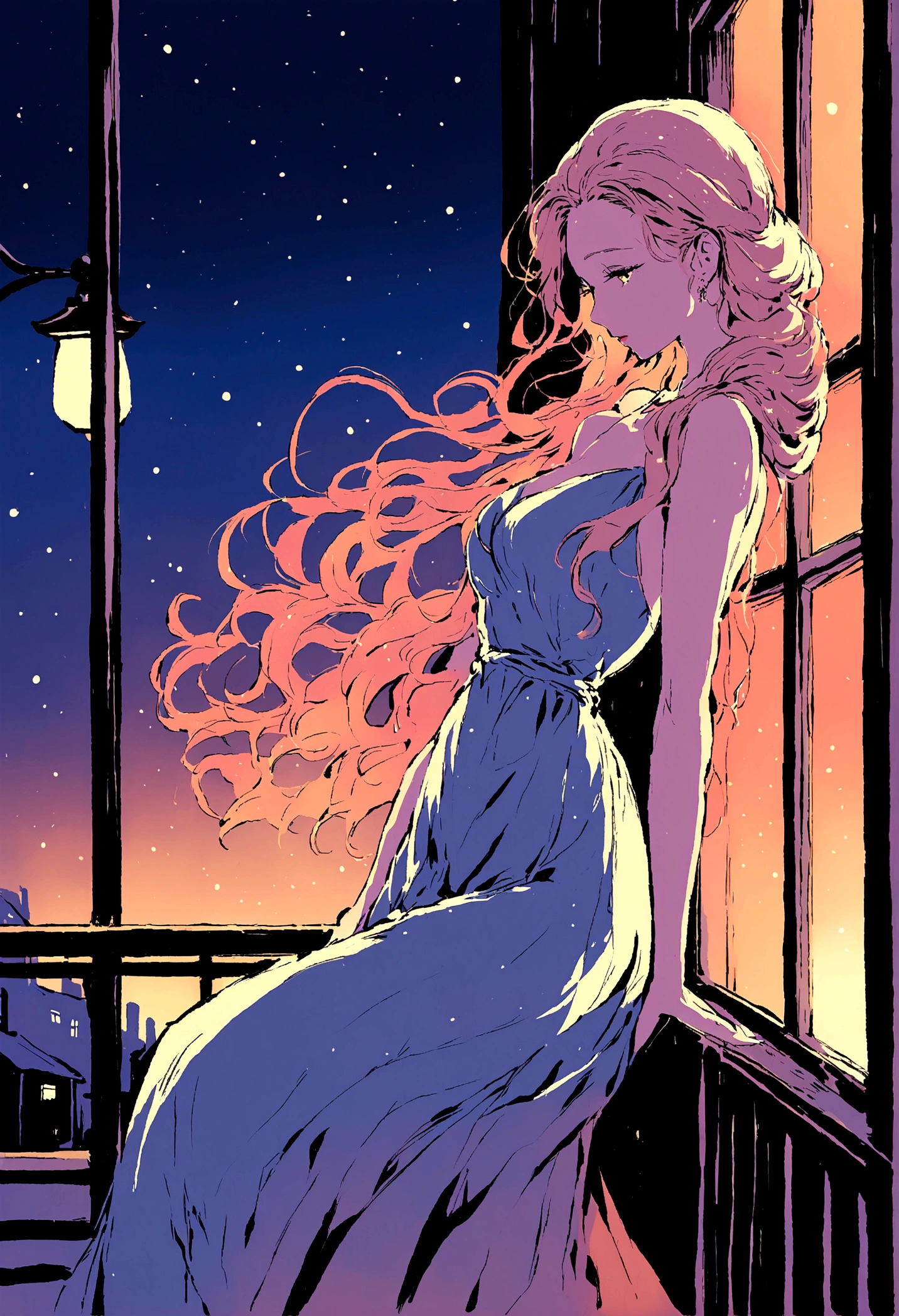 night,Street Lights,White Camellia,windowsill,Illustration style,Beautiful women,evening dress,A gentle breeze blows through the strands of hair