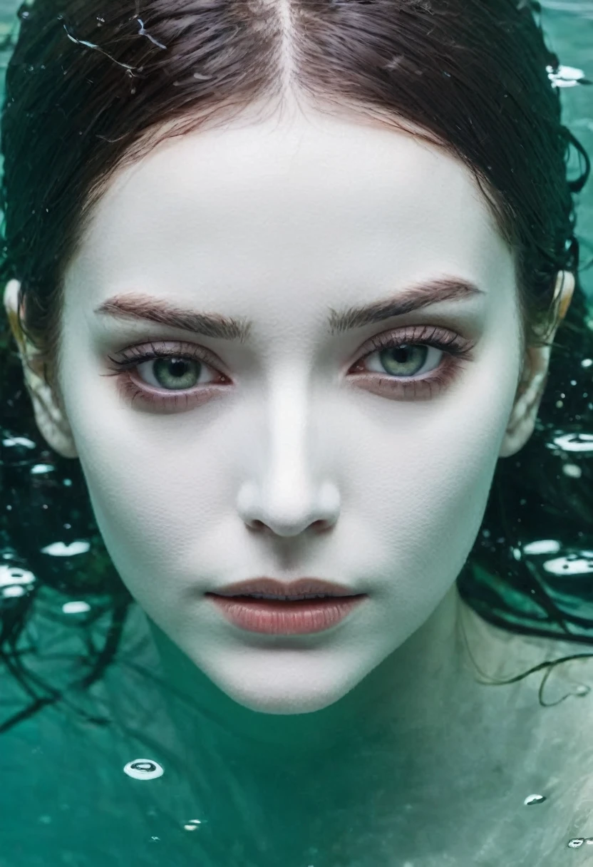 White face of woman half in water, intense stare, swamp, pale face, facefocus, only the face overlapping the water, from above view, creepy.