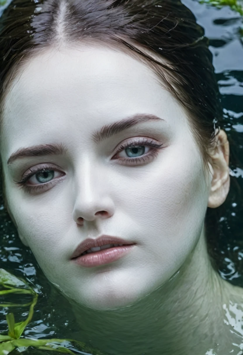 White face of woman half in water, intense stare, swamp, pale face, facefocus, only the face overlapping the water, from above view, creepy.