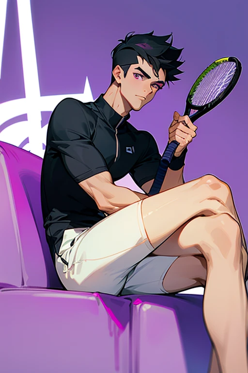 Handsome man, clean-cut man, cool, side cut, short black hair, tennis clothes, holding a racket, purple eyes, front, crossed legs, tall, muscular