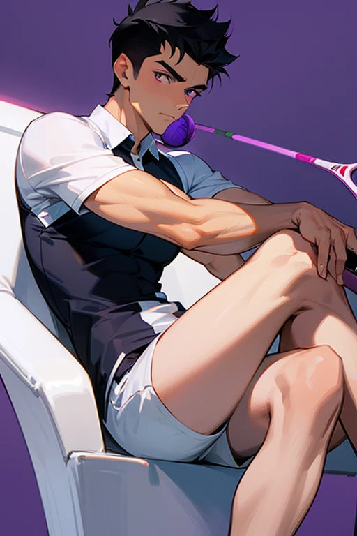 by betm!, 1boy, solo, twink, white hair, red tank top, clothes lift, purple shorts,white socks, navel, pubic hair, dirty clothes, baseball bat, male focus, yaoi, penis, erect, uncensored, cum dripping, <lora:betm!-step00000400:0.6>