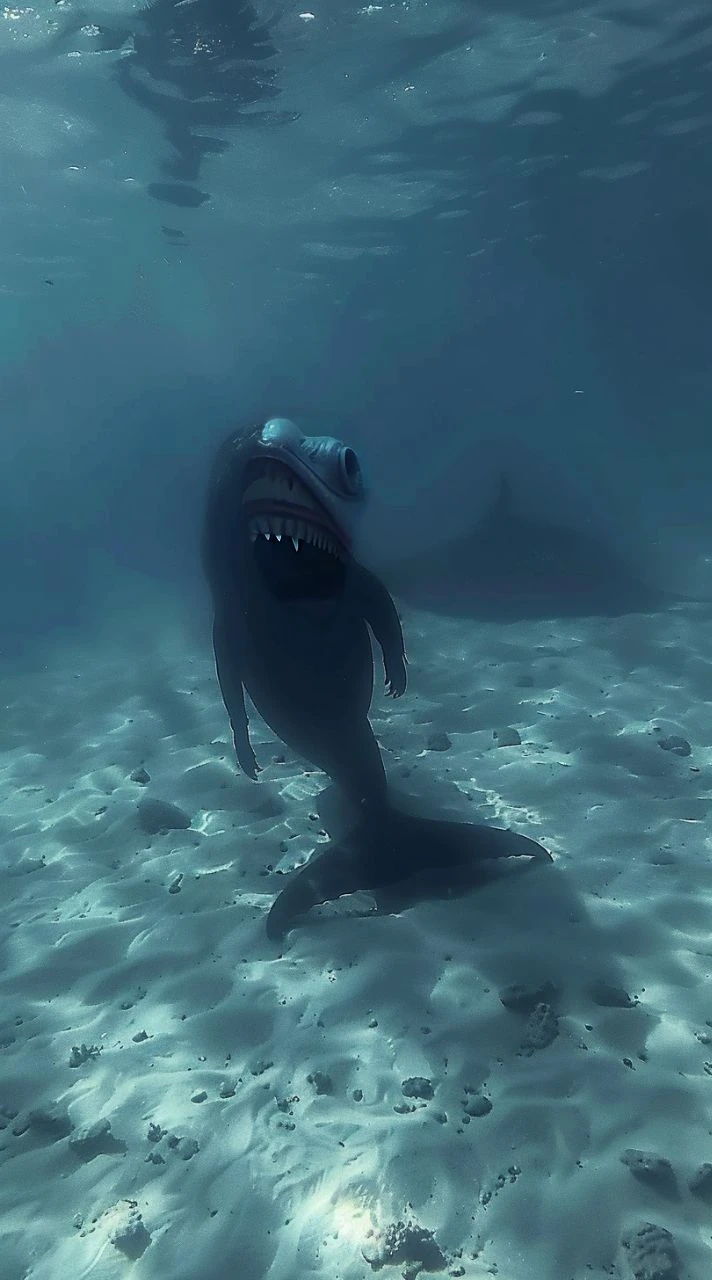 Creepy giant mouth smiling alien fish