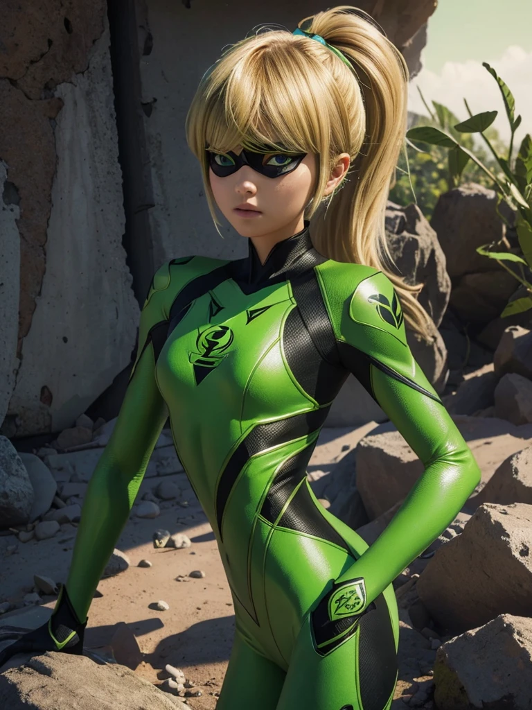 1  girl. Grasshopper style miraculous suit. Green suit. Slim body. Flat chest. Eye mask. Blonde hair. Grasshopper logo at the back. 