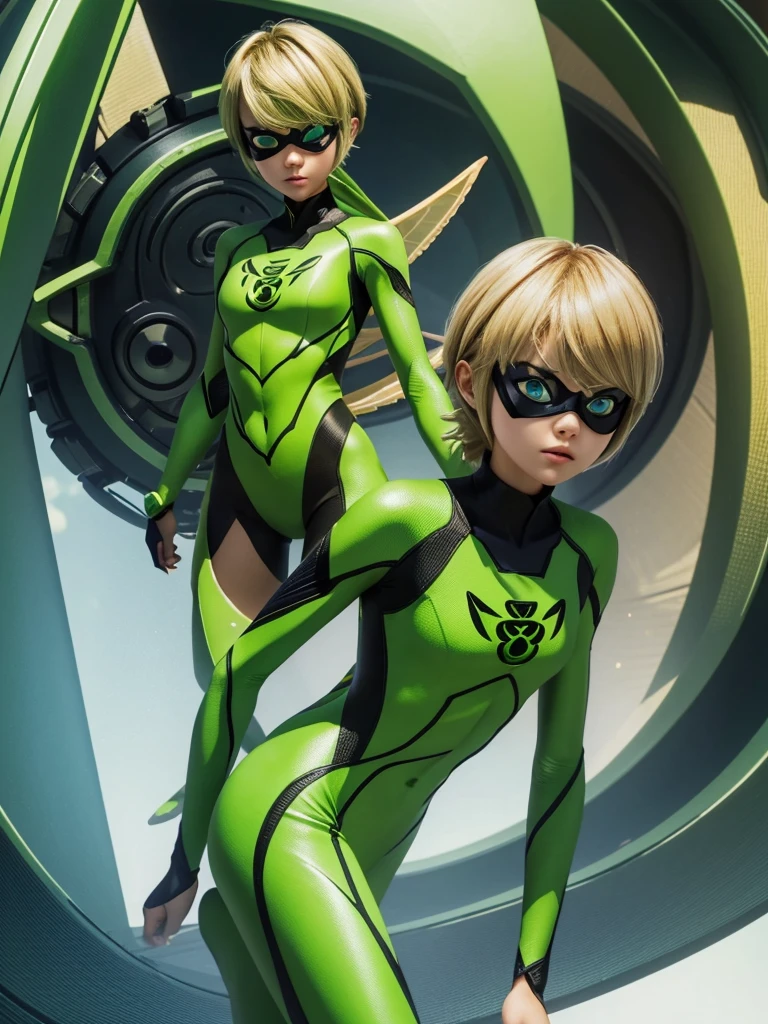 1 teenage girl. Grasshopper style miraculous suit. Green suit. Slim body. Flat chest. Eye mask. Blonde hair. Grasshopper logo at the back. 