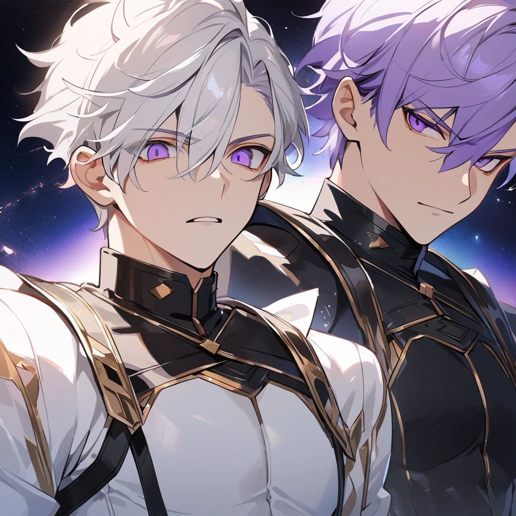 High quality, HD, 4k, no shadows, handsome male, 1male, , teenager, go lining, short white hair, sharp eyes, dark purple eyes, deep purple eyes, devil may cry, close up, calm expression, stoic expression, black leather clothes, white leather clothing, lean body, well trained body, upper body, looking at viewer, cowboy shot, white solar, space background