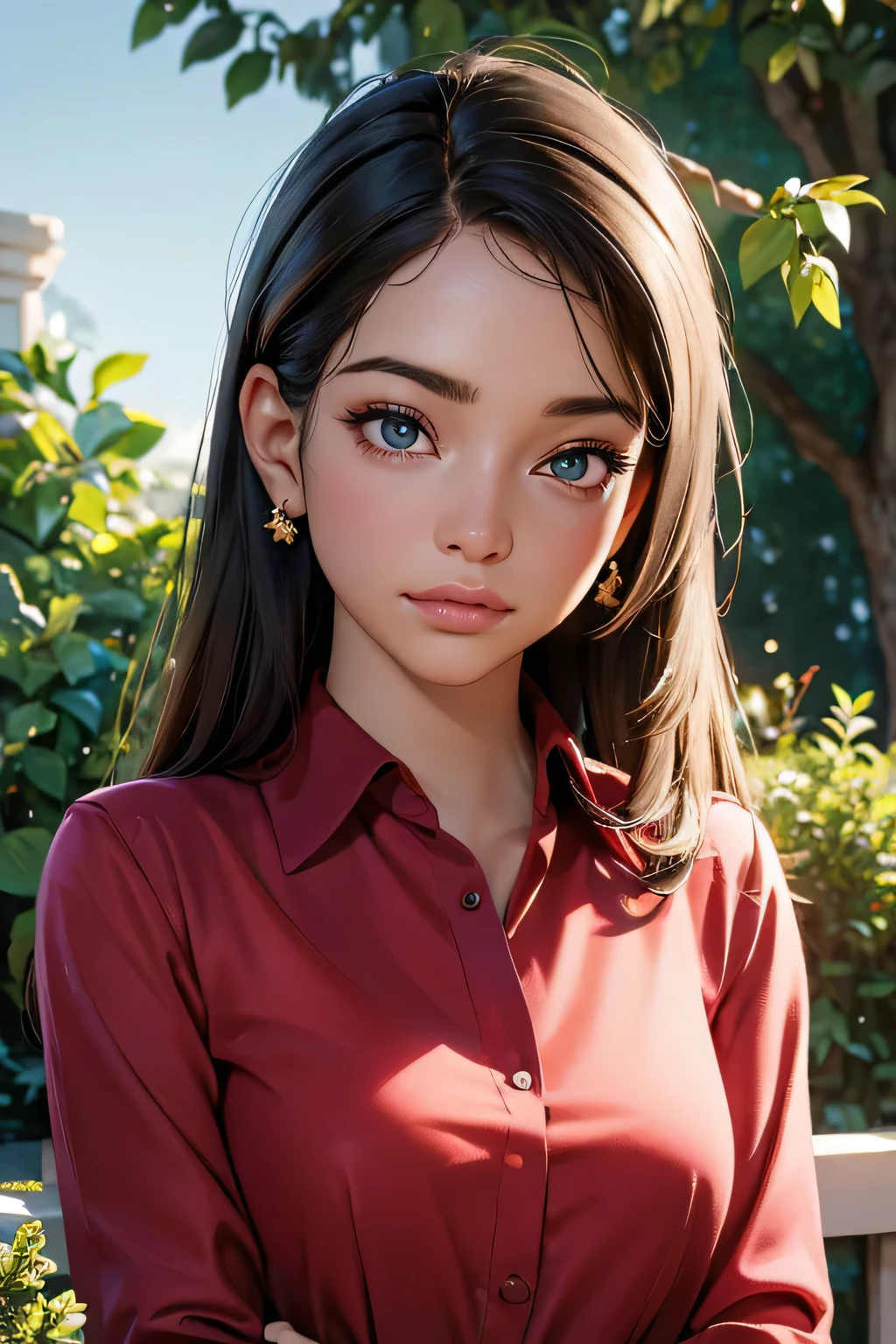 (best quality,4k,8k,highres,masterpiece:1.2),ultra-detailed,(realistic,photorealistic,photo-realistic:1.37),A girl in a garden,portraits,beautiful detailed eyes,beautiful detailed lips,extremely detailed eyes and face,longeyelashes,natural lighting,greenery,peaceful ambiance,flowing dress,flying hair,gentle sunlight,vivid colors,aesthetic composition,soft shadows,subtle breeze,serene expression,relaxed posture,harmonious background,dreamy atmosphere, dressed professionally, in her office, full view.red shirt