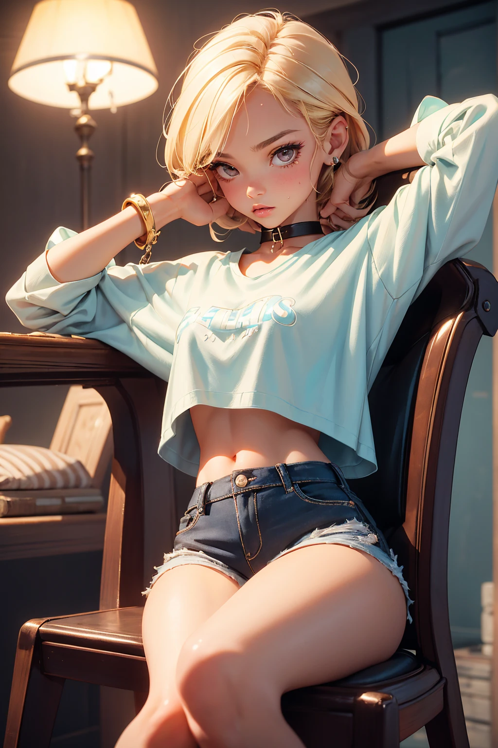 age girl-model 18 years old tied to chair, the girl is kidnapp and bound, hot slave naughty girl tied up, handcuffed shackled and tied, beautiful, too much tanned, blonde, bob hair, bangs, brown eyes, beautiful figure, girl wearing crop shirt and too much short mini shorts, beautiful too much long legs, her hands is tied, slave choker, manicure, cute makeup, sweaty armpits, flirtatiously posing, hot summer, hot flirty, sexy posing, top quality, higest quality, pin-up style, retro 80s style, Daisy Dukes style,