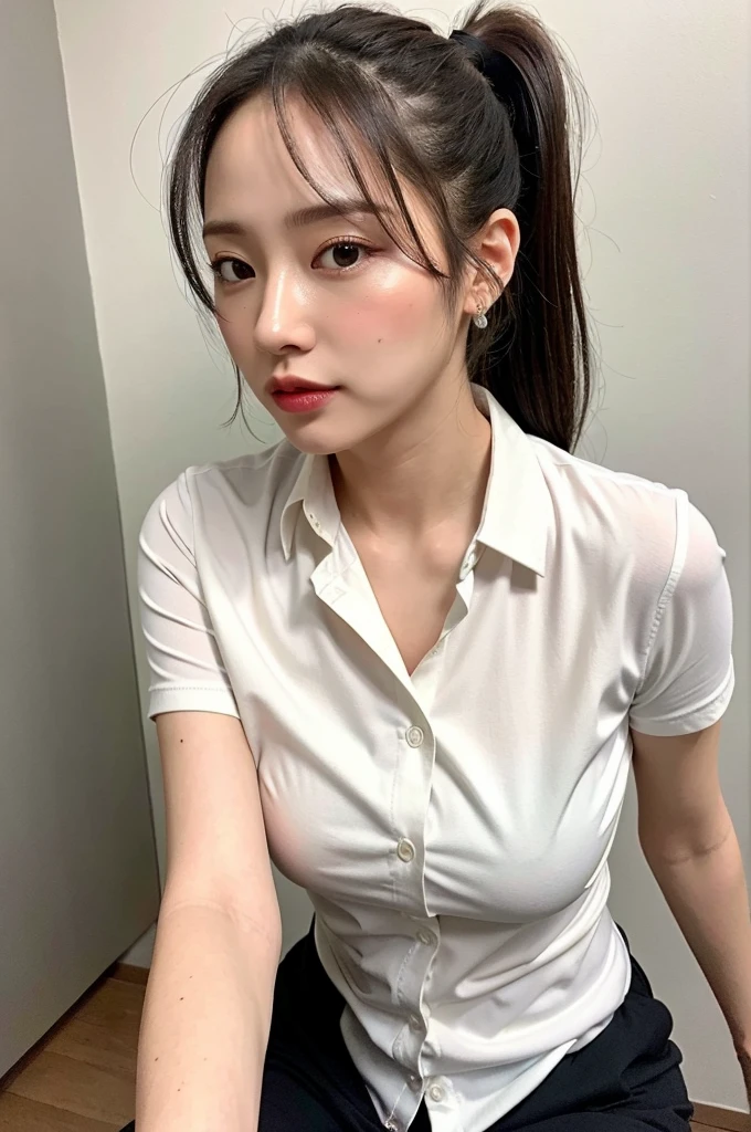 8k、High resolution、masterpiece、Realistic、In detail、Fine texture、Mature Young,ponytail,Office Clothes,Age 35,Erotic style,So cute,whole body,Perfect face with soft skin,Gorgeous long brown hair,8k resolution,Ultra-realistic,Super detailed,high quality,Erotic beautiful immature woman in fashionable clothes,(Look at the viewers)
