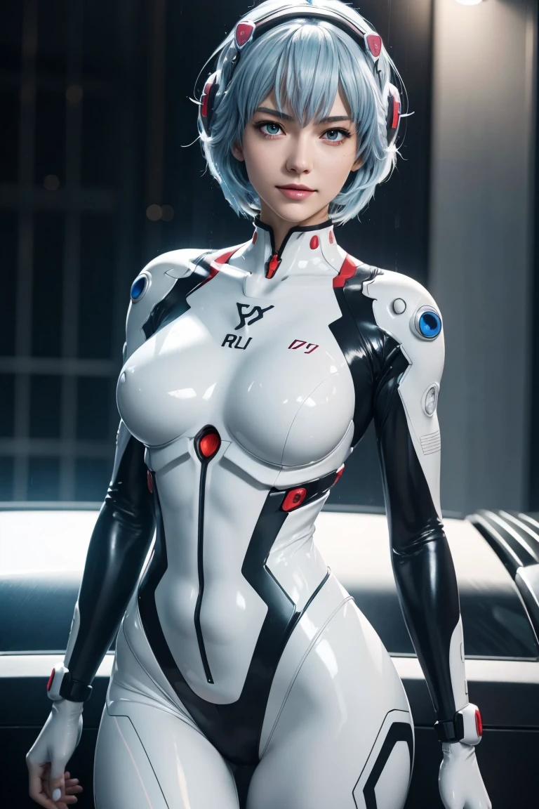 Evangelion,Rei Ayanami,Silver Blue Hair,Red eyes,Plug Suit,Bodysuits,Interface Headset,白いBodysuits,Ultra HD,super high quality,masterpiece,Digital SLR,Photorealistic,Detailed details,Vivid details,Depicted in detail,A detailed face,Detailed details,Super Detail,Realistic skin texture,Anatomical basis,Perfect Anatomy,Anatomically correct hand,Anatomically correct fingers,Complex 3D rendering,Sexy pose,Rainy Sky,Beautiful scenery,Fantastic rainy sky,Picturesque,Pink Lips,smile,