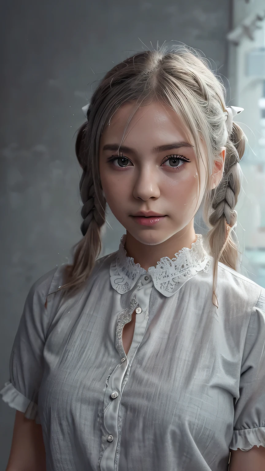 portrait、masterpiece:1.3、one girl、Upper body、Upper body、、natural look、very cute、charming eyes、small breasts、platinum blonde hair、shortcut、短いtwin tails:1.3、twin tails、plump lips、no makeup、luxury shirt with lace、black shirt、RAW photo、最high quality、High resolution、Super detailed、high quality、Detailed details、8k、(((blurred background、gray walls、gray background、White world、studio:1.5、cinematic lighting、professional photographer)))