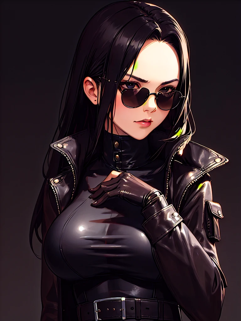 ((Portrait)), She has a Robust and Attractive Appearance with Large Breasts and an Expressionless Face. She Wears Black Aviator-style Sunglasses, Hiding Her Eyes. Her Hair is Black, Long, and Straight, with a Bare Forehead. She Wears Sturdy Leather Clothing, such as a Very Large Unbuttoned Leather Coat Over a Black Leather Top Cut Below the Chest, Adorned with a Leather Belt, Portrait, HDR, ((Dark Background))