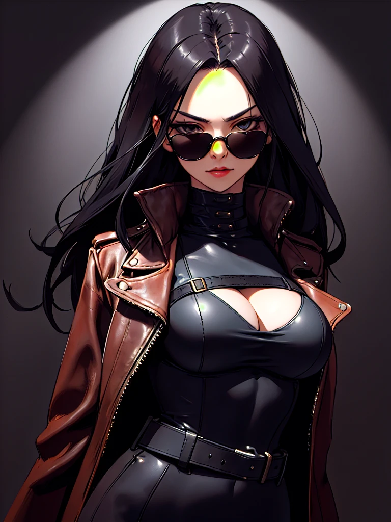 ((Portrait)), She has a Robust and Attractive Appearance with Large Breasts and an Expressionless Face. She Wears Black Aviator-style Sunglasses, Hiding Her Eyes. Her Hair is Black, Long, and Straight, with a Bare Forehead. She Wears Sturdy Leather Clothing, such as a Very Large Unbuttoned Leather Coat Over a Black Leather Top Cut Below the Chest, Adorned with a Leather Belt, Portrait, HDR, ((Dark Background))