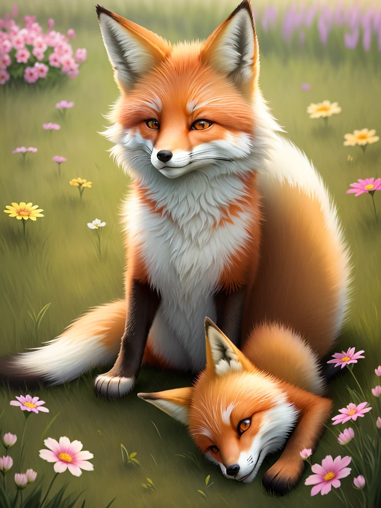 Beautiful fox, eyes open, smiling, grass, flowers, and good lighting