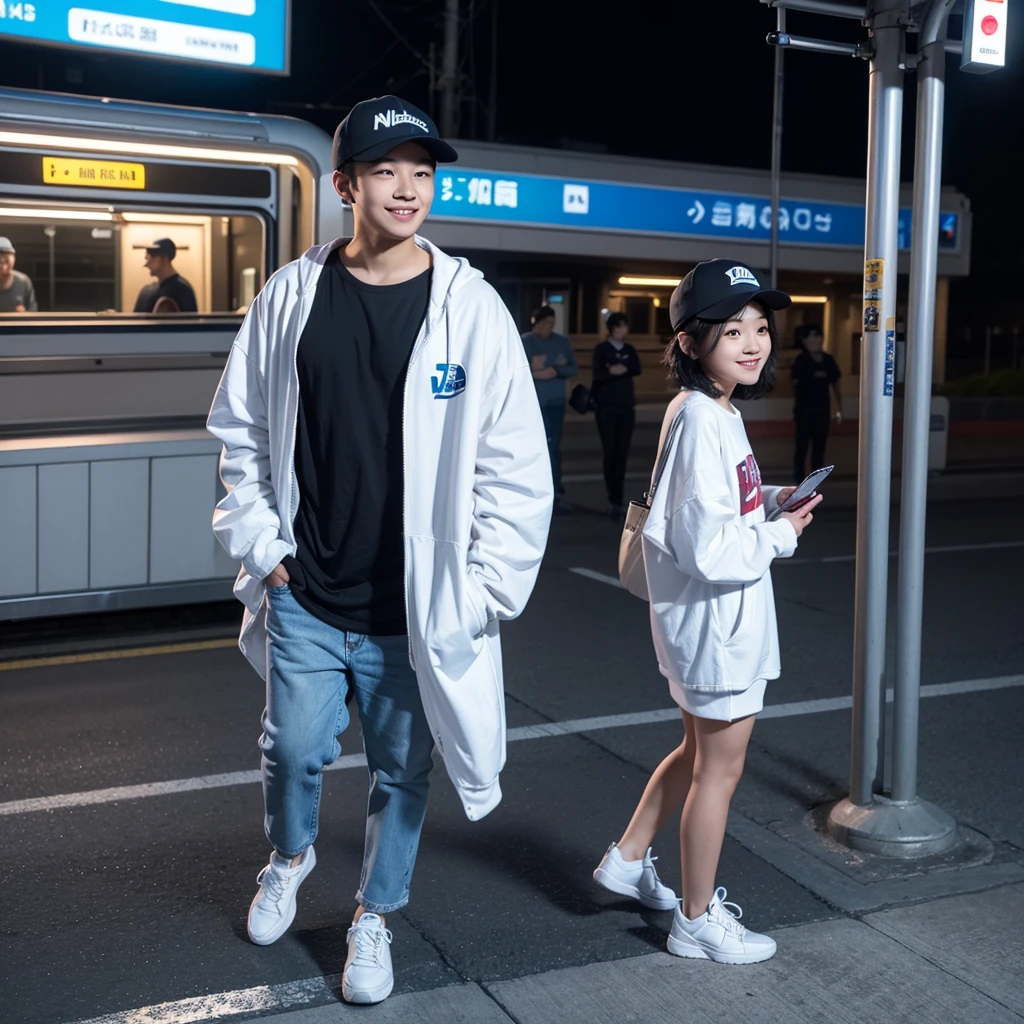 A young Asian man with short hair and an oval face, wearing a baseball cap and white sneakers, stands enjoying the evening scenery at a train station. He is accompanied by a chubby Asian woman wearing a hijab, long-sleeved white couple t-shirt, light blue street jeans, and white sneakers, with her head leaning on the man's shoulder, smiling. The photo is taken from the side, very realistic, captured by a Nikon 5200 camera, in the highest resolution, 8K UHD.