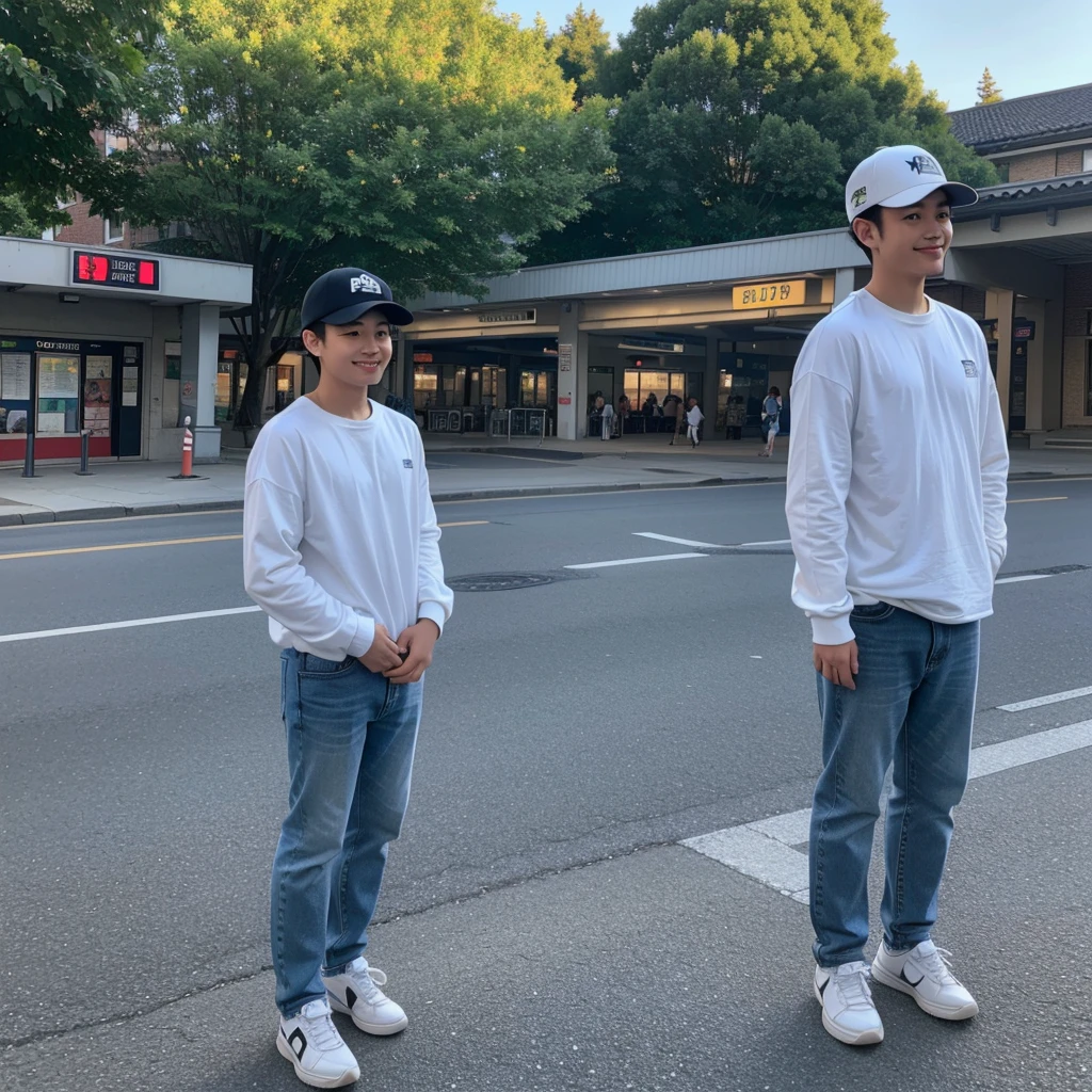A young Asian man with short hair and an oval face, wearing a baseball cap and white sneakers, stands enjoying the evening scenery at a train station. He is accompanied by a chubby Asian woman wearing a hijab, long-sleeved white couple t-shirt, light blue street jeans, and white sneakers, with her head leaning on the man's shoulder, smiling. The photo is taken from the side, very realistic, captured by a Nikon 5200 camera, in the highest resolution, 8K UHD.
