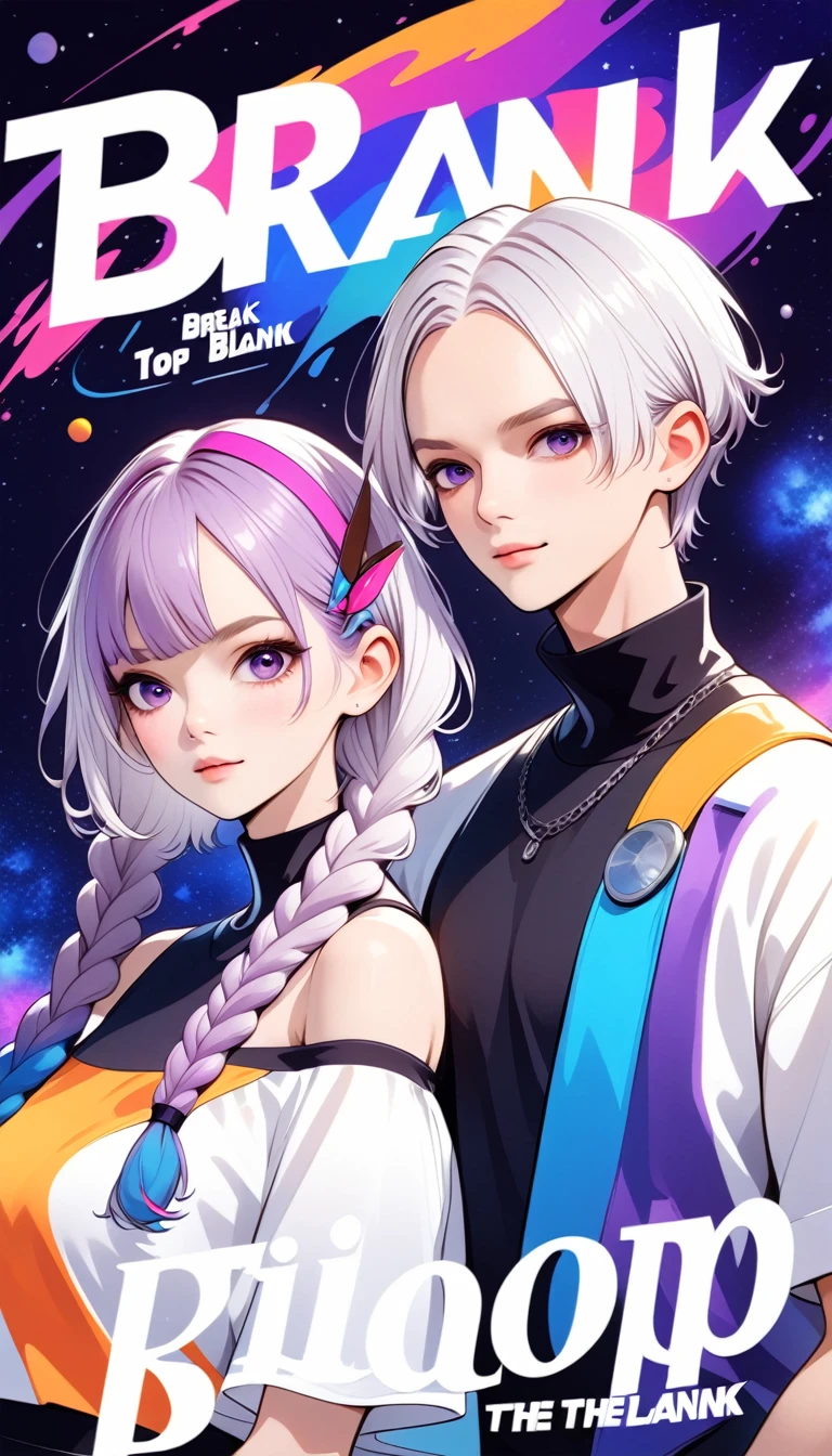 graphic design，Vector Art，Smooth lines，Simple style，Funny couple poster design：Break，Boys short hair white，Girl white hair purple Hair accessories long braids，Hair accessories，High collar off-shoulder short sleeves，Galaxy theme，(fashion design),(Vibrant colors)(Vibrant colors)，(((Leave the top blank，text &References;rich and colorful")))
