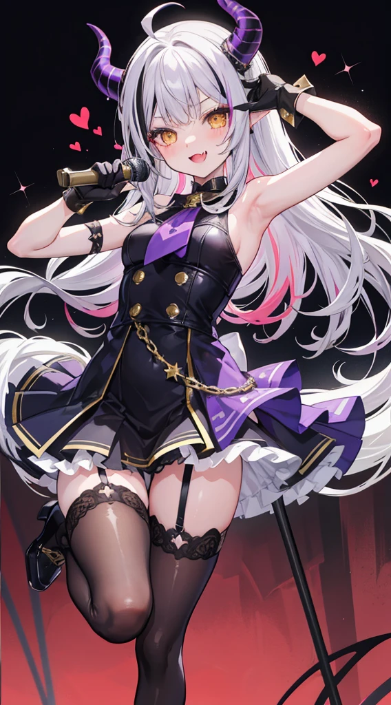 la+ darknesss, 1girl, solo, long hair, looking at viewer, blush, smile, open mouth, bangs, thighhighs, gloves, dress, holding, standing, yellow eyes, purple hair, ahoge, grey hair, multicolored hair, horns, alternate costume, fang, white gloves, armpits, arm up, official alternate costume, streaked hair, standing on one leg, demon girl, demon horns, bike shorts, single thighhigh, microphone, skin fang, holding microphone, idol, idol clothes, hololive idol uniform,