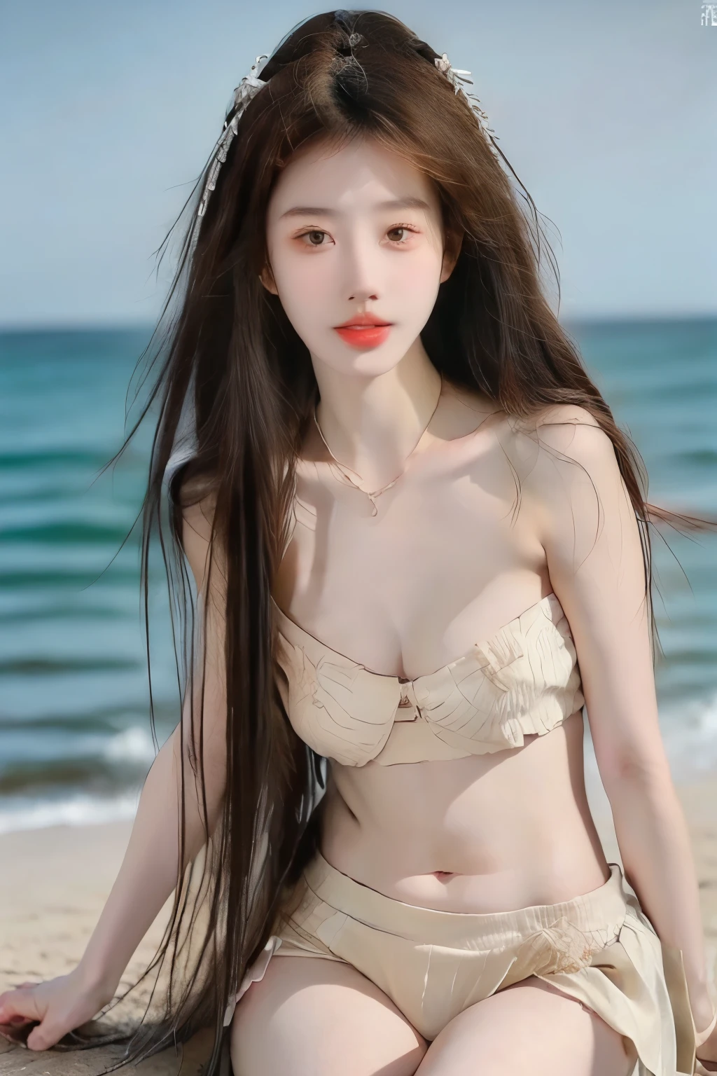 Beautiful woman with perfect body：1.4，Prominent cleavage，Layered Hairstyle，Highly detailed face and skin textures，Double eyelids，Skin Whitening，Long hair，Whitened long legs，（Tube Top，necklace），Standing by the sea，Half-length photo