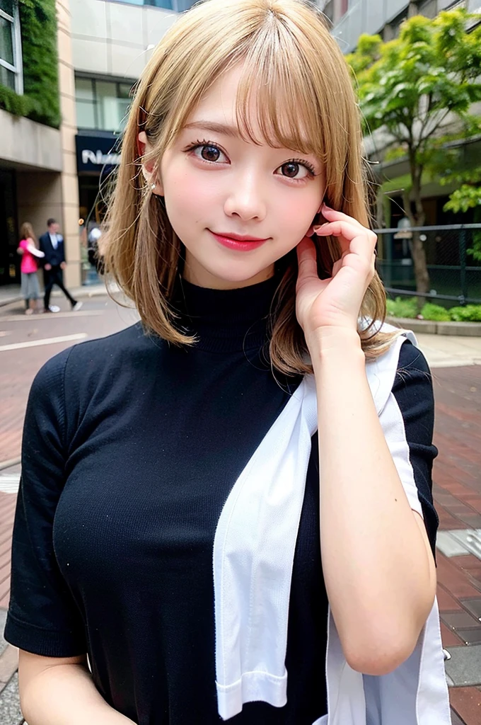 (8K, Raw photo:1.2), Detailed face and eyes,Best Quality, 超A high resolution, Highly detailed ,intricate detailes ,masutepiece ,Cute Girl , smiling, Soft cinematic light, Hyper-detailing,Sharp Focus, High quality, Blonde hair, bob cuts,   Blurred Background, Particles of light, Strong winds,