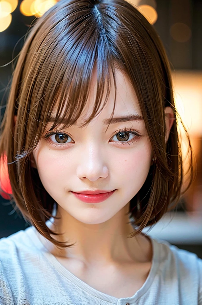 (8K, Raw photo:1.2), Detailed face and eyes,Best Quality, 超A high resolution, Highly detailed ,intricate detailes ,masutepiece ,Cute Girl , smiling, Soft cinematic light, Hyper-detailing,Sharp Focus, High quality, Blonde hair, bob cuts, Blurred Background, Particles of light, Strong winds,