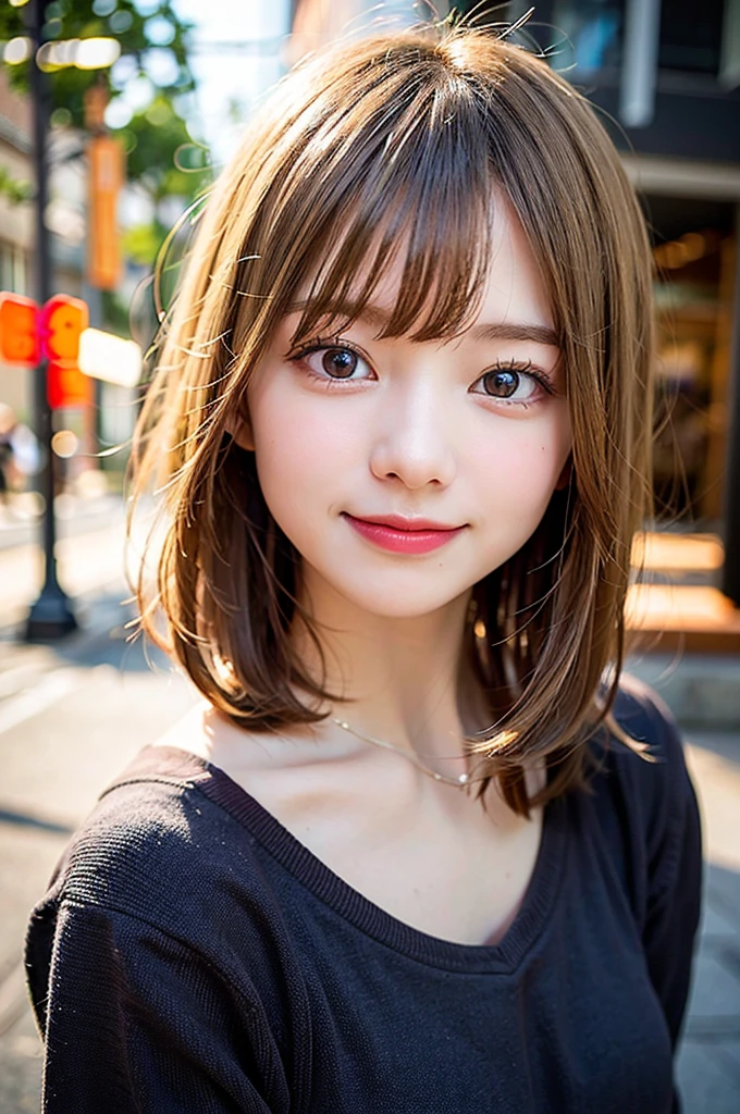 (8K, Raw photo:1.2), Detailed face and eyes,Best Quality, 超A high resolution, Highly detailed ,intricate detailes ,masutepiece ,Cute Girl , smiling, Soft cinematic light, Hyper-detailing,Sharp Focus, High quality, Blonde hair, bob cuts, Blurred Background, Particles of light, Strong winds,